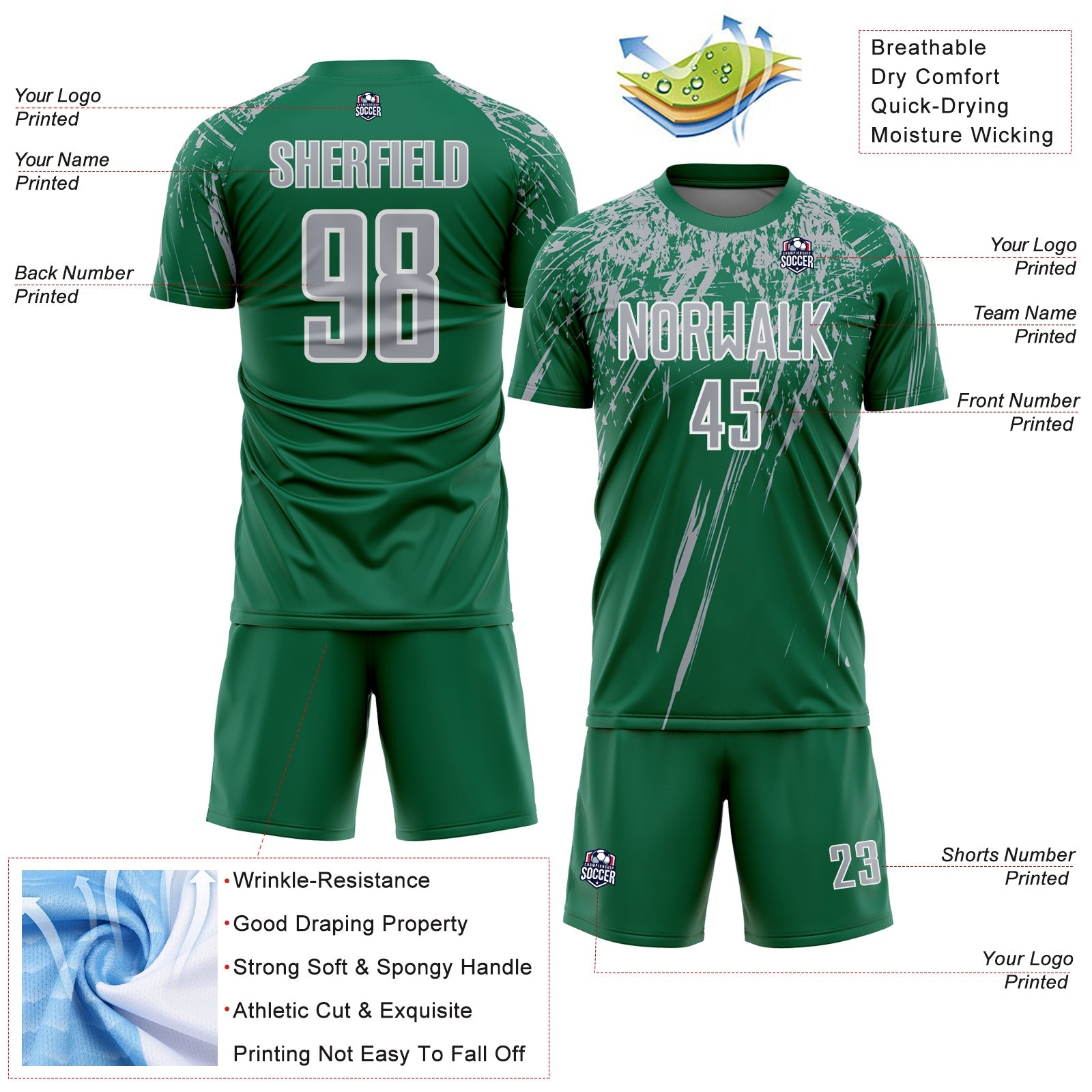 Custom Kelly Green Gray-White Splash Sports Sublimation Soccer Uniform Jersey