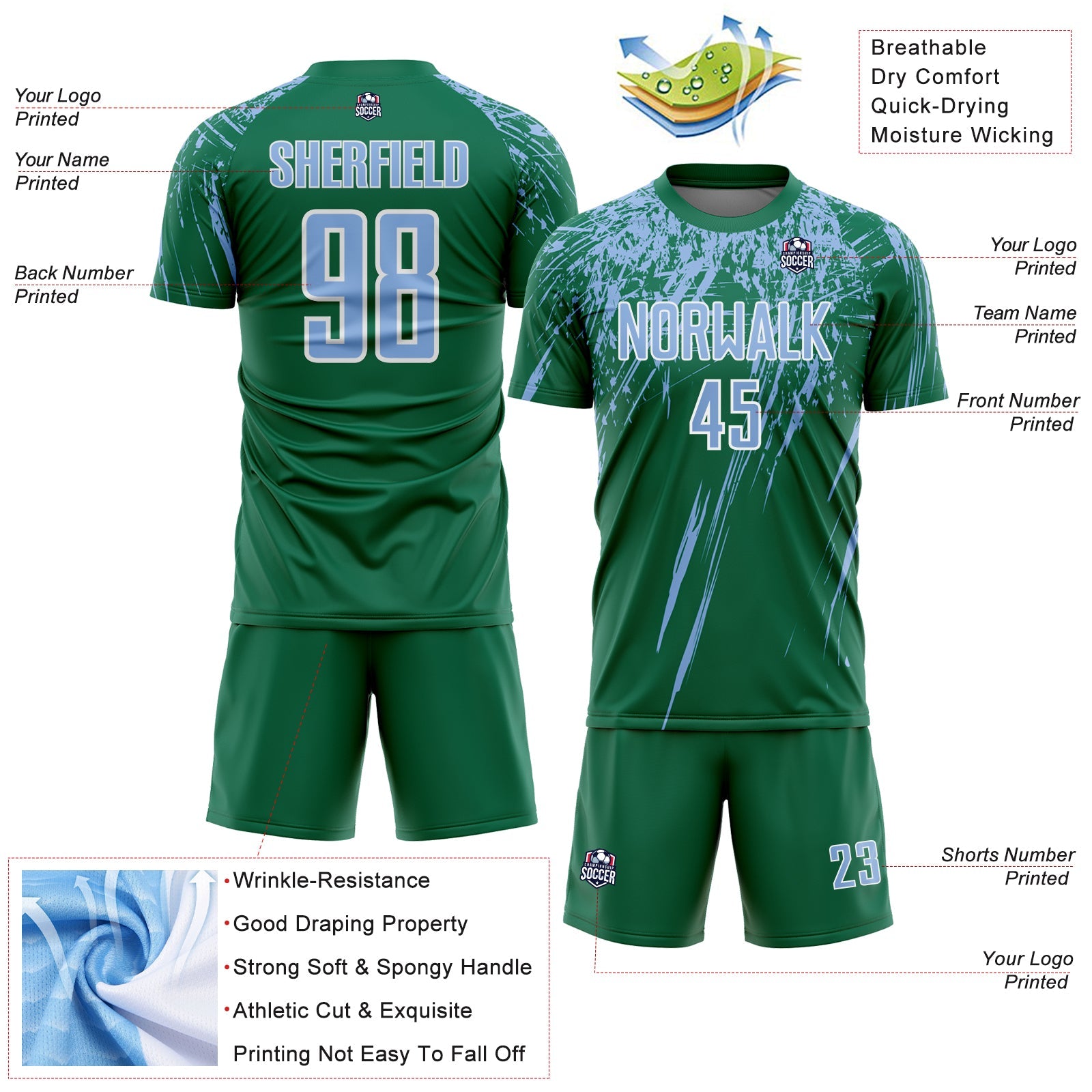 Custom Kelly Green Light Blue-White Splash Sports Sublimation Soccer Uniform Jersey