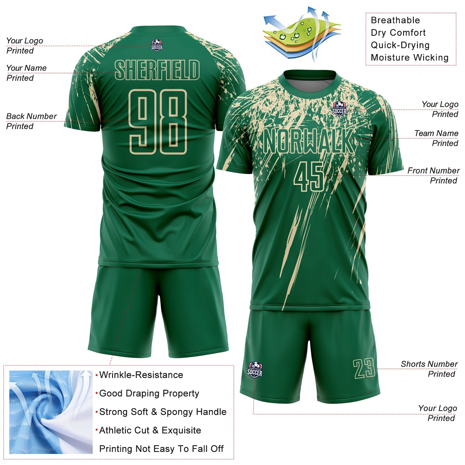 Custom Kelly Green Cream Splash Sports Sublimation Soccer Uniform Jersey