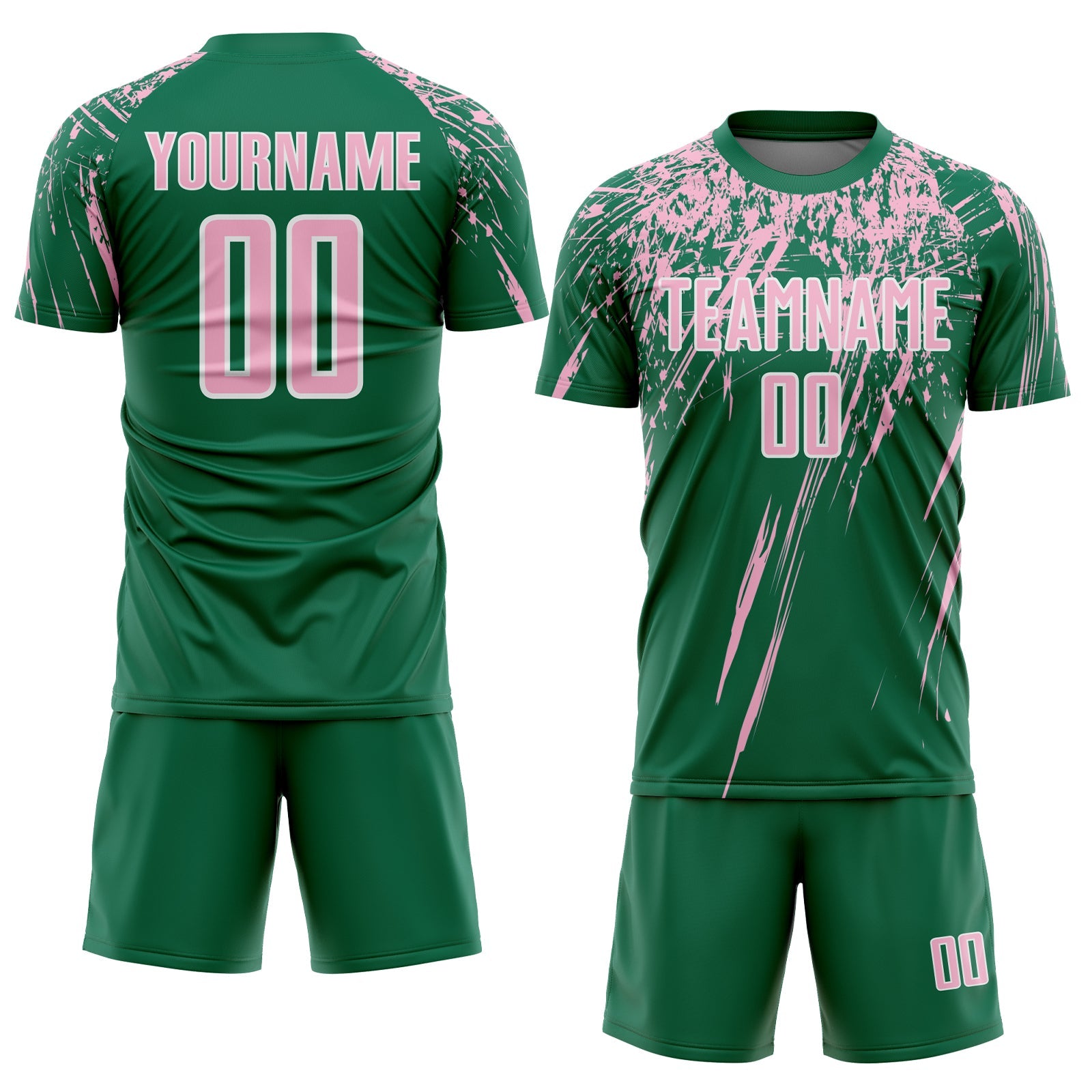 Custom Kelly Green Light Pink-White Splash Sports Sublimation Soccer Uniform Jersey