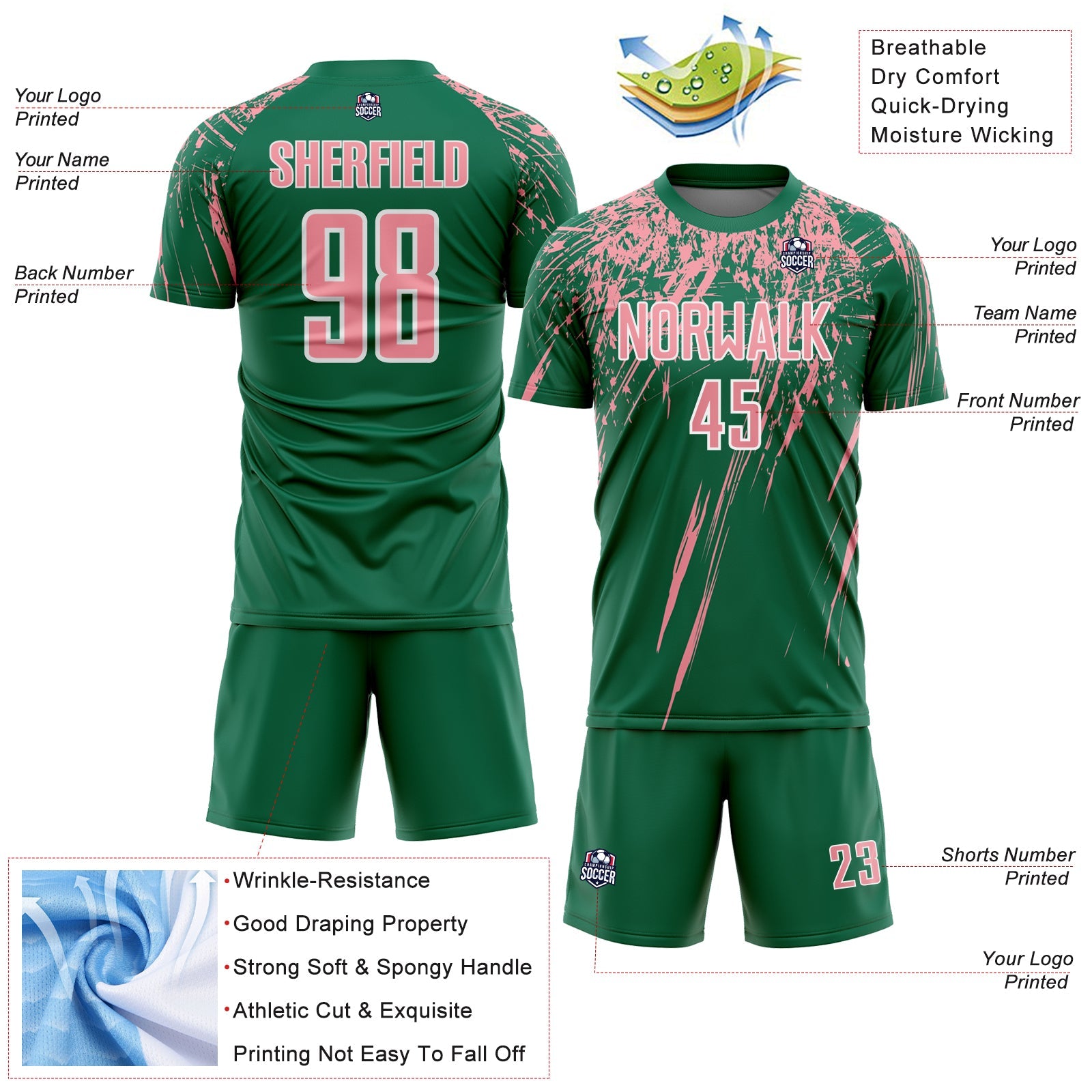 Custom Kelly Green Medium Pink-White Splash Sports Sublimation Soccer Uniform Jersey