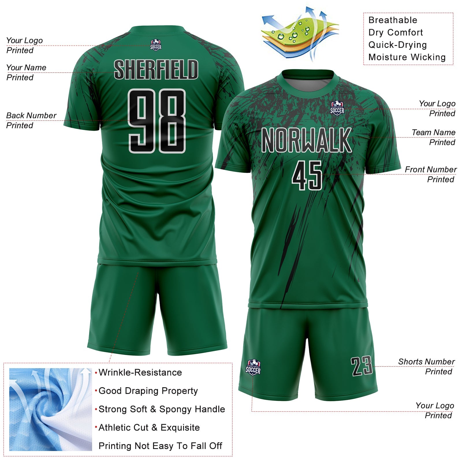 Custom Kelly Green Black-White Splash Sports Sublimation Soccer Uniform Jersey