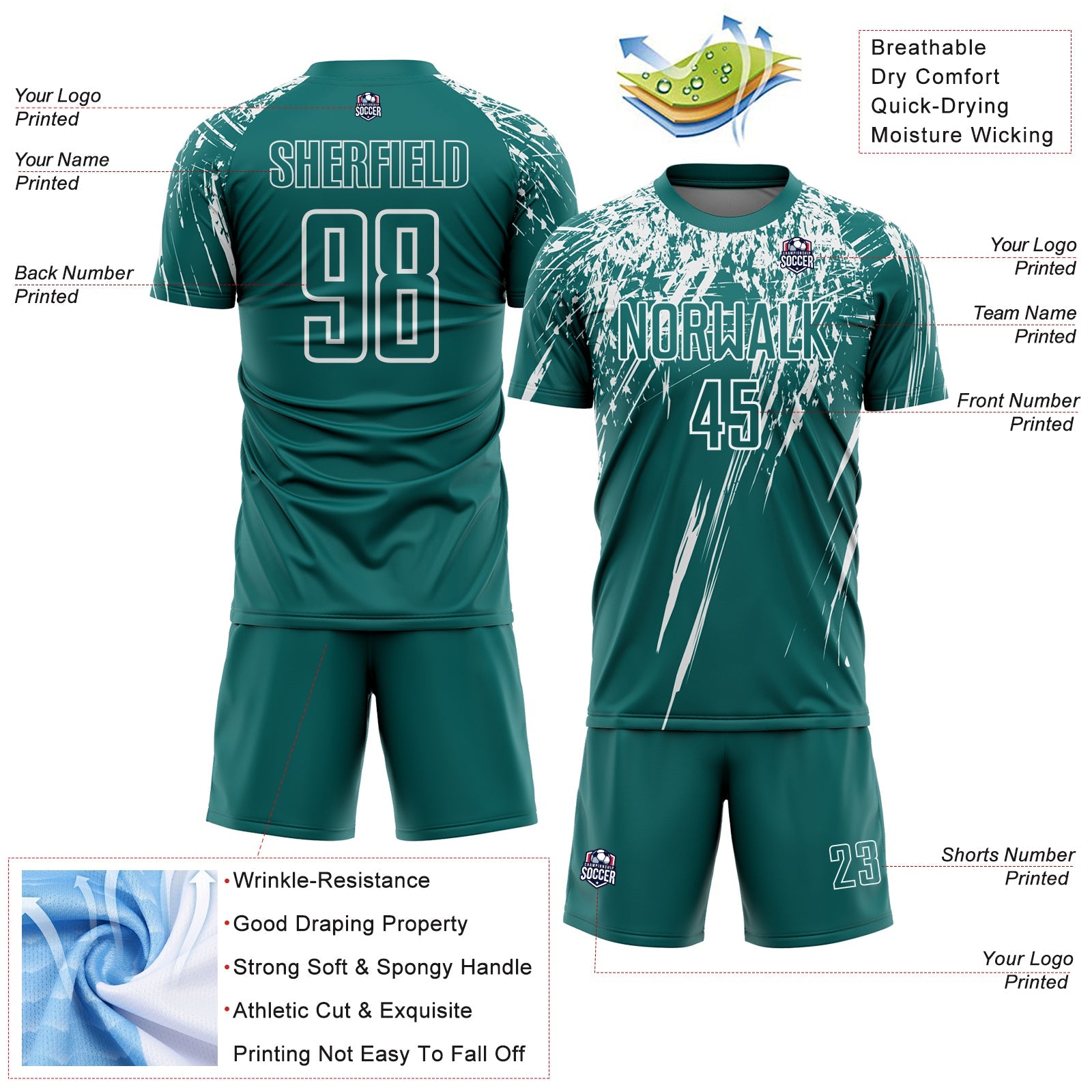 Custom Teal White Splash Sports Sublimation Soccer Uniform Jersey