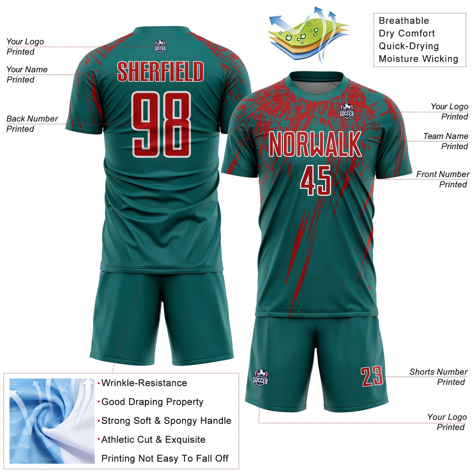 Custom Teal Red-White Splash Sports Sublimation Soccer Uniform Jersey