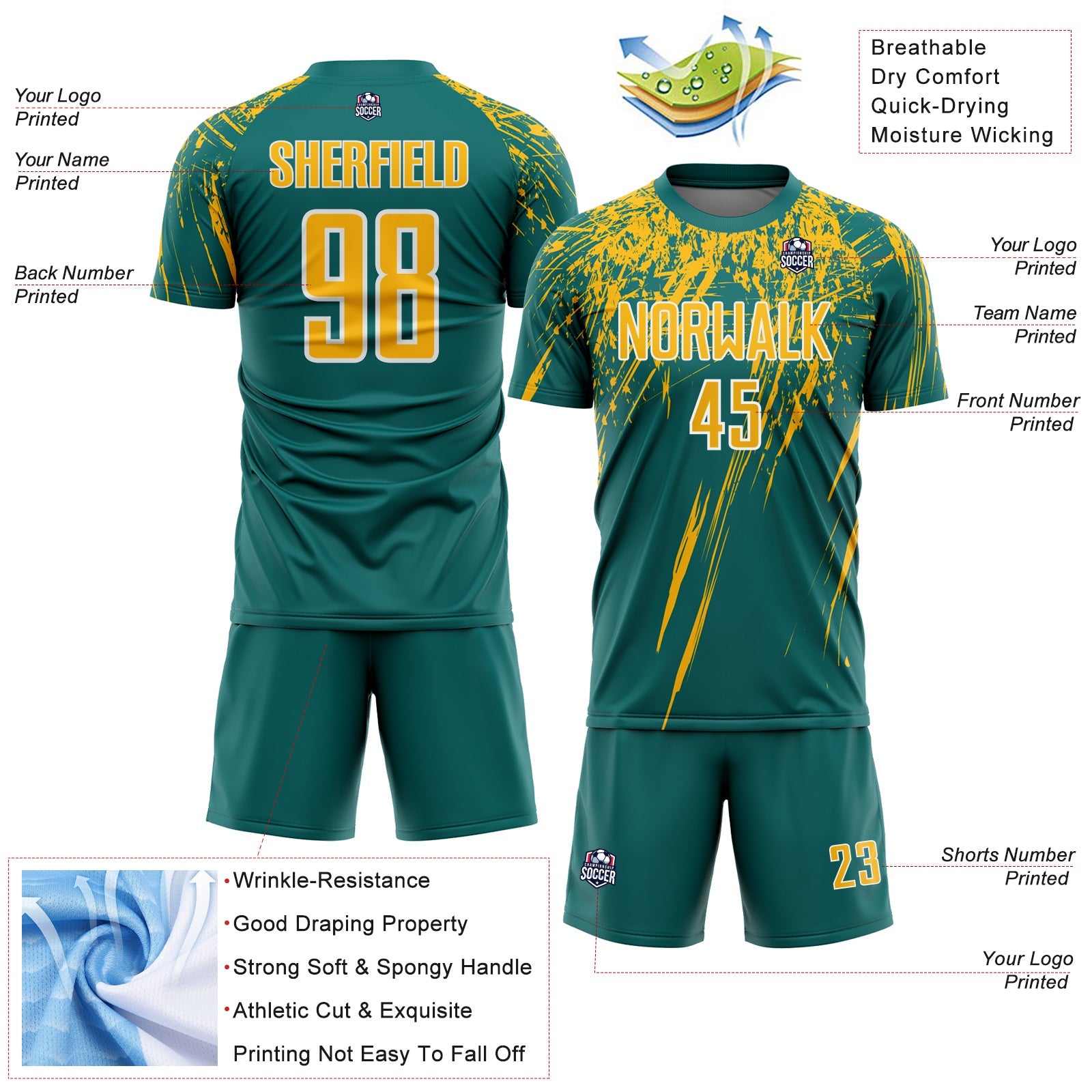 Custom Teal Gold-White Splash Sports Sublimation Soccer Uniform Jersey