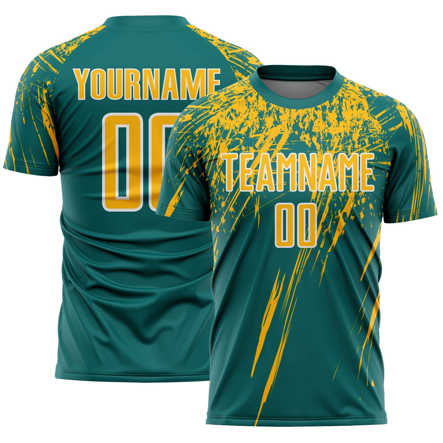 Custom Teal Gold-White Splash Sports Sublimation Soccer Uniform Jersey