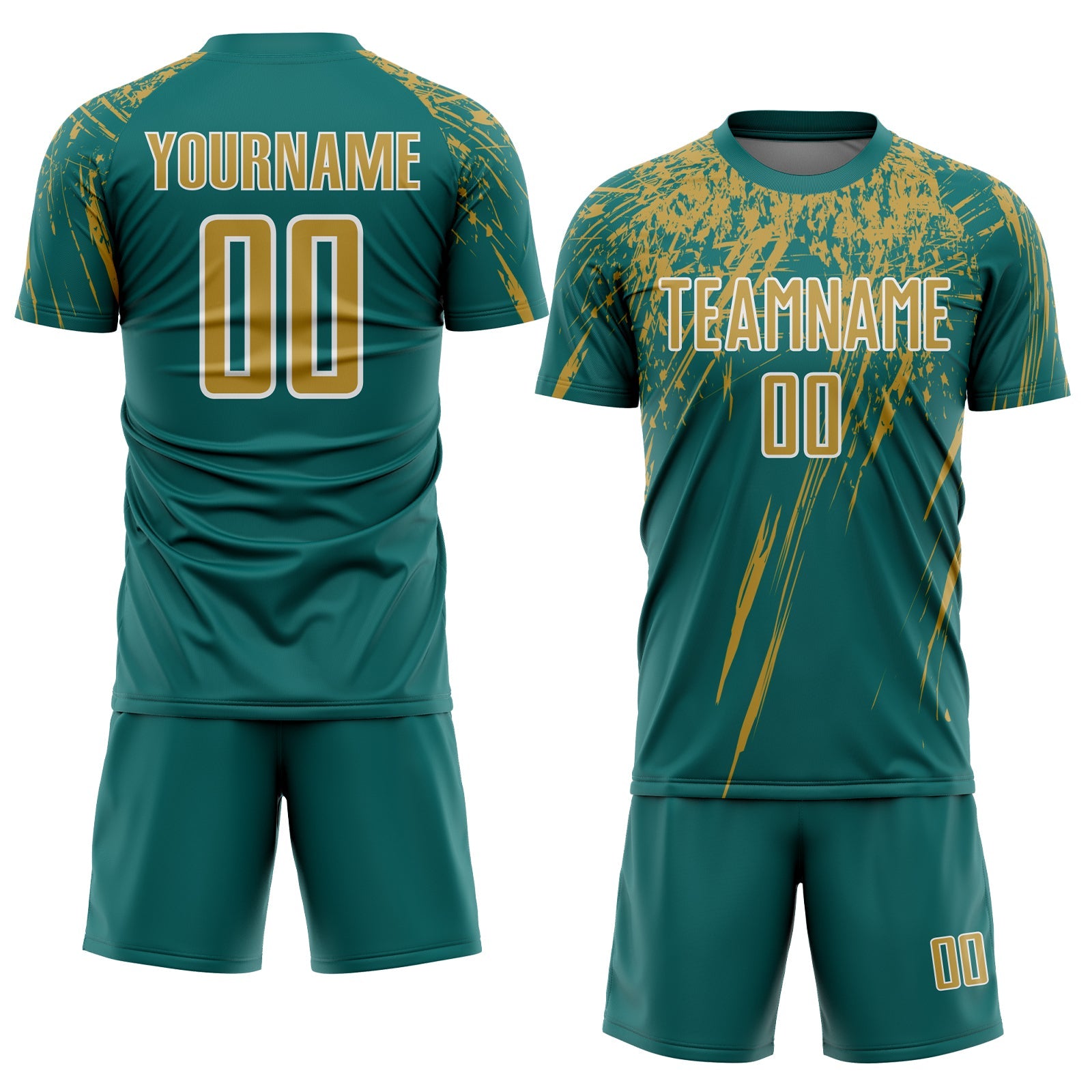 Custom Teal Old Gold-White Splash Sports Sublimation Soccer Uniform Jersey