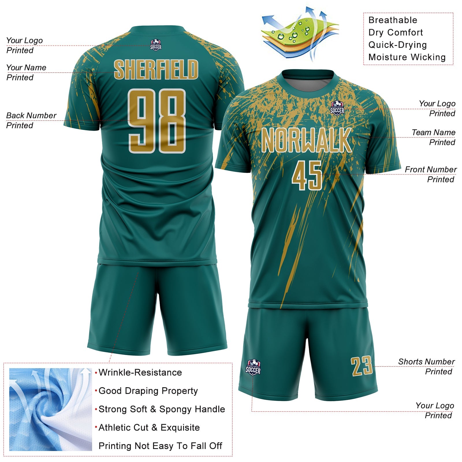Custom Teal Old Gold-White Splash Sports Sublimation Soccer Uniform Jersey