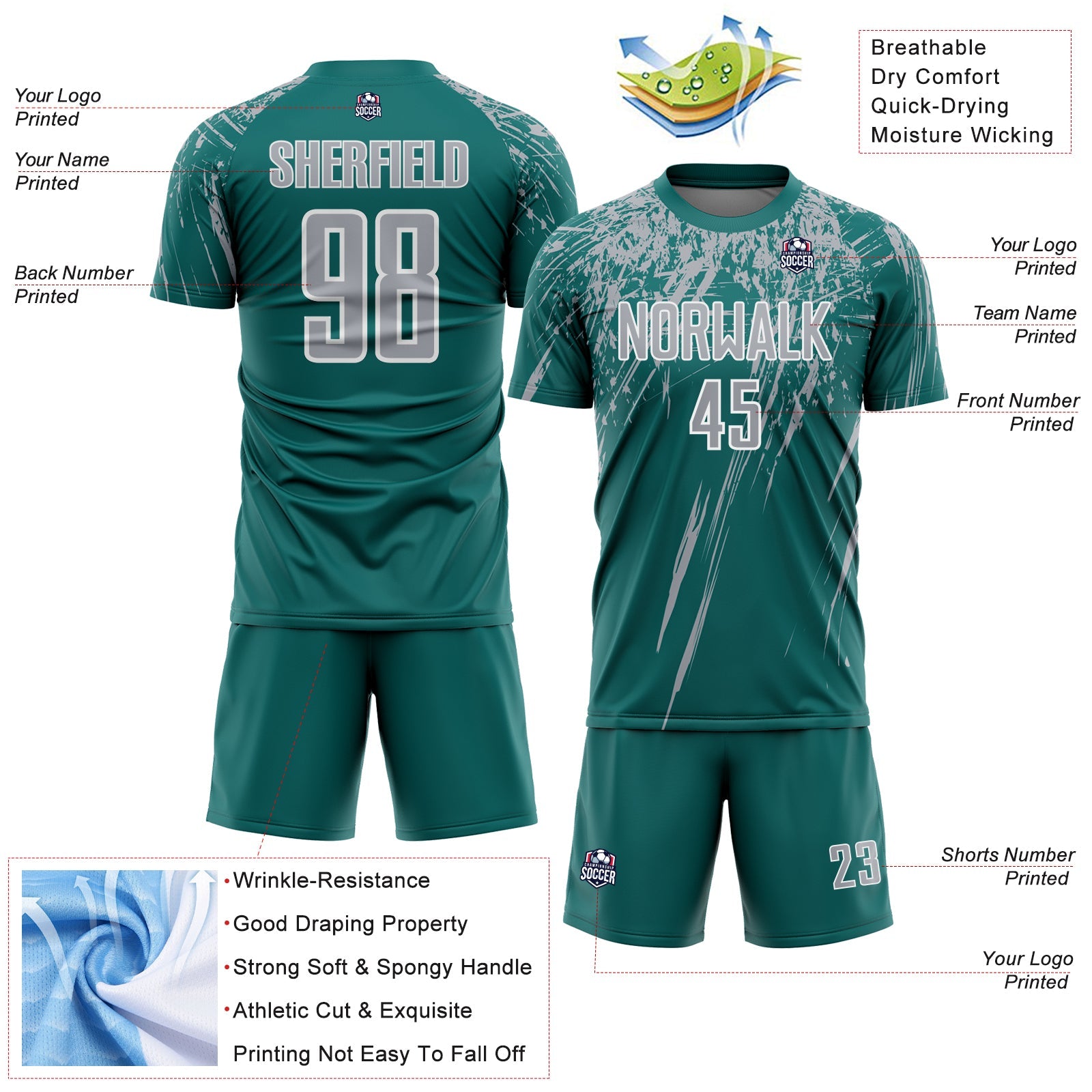 Custom Teal Gray-White Splash Sports Sublimation Soccer Uniform Jersey