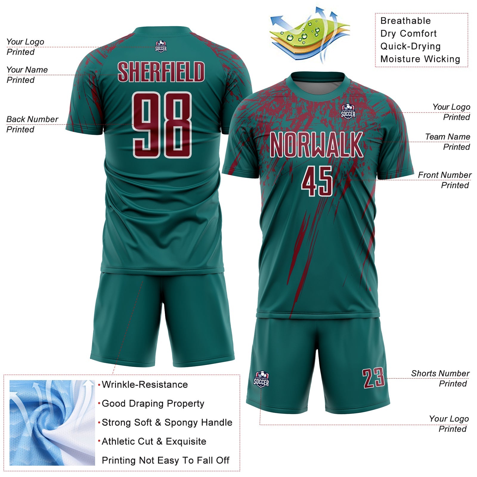 Custom Teal Crimson-White Splash Sports Sublimation Soccer Uniform Jersey