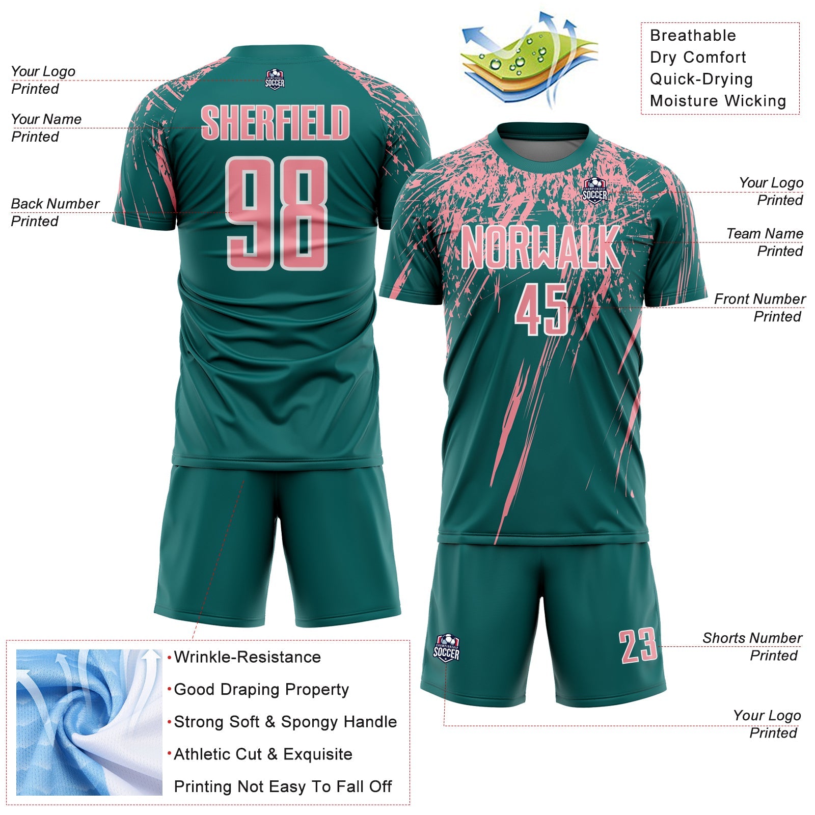 Custom Teal Medium Pink-White Splash Sports Sublimation Soccer Uniform Jersey