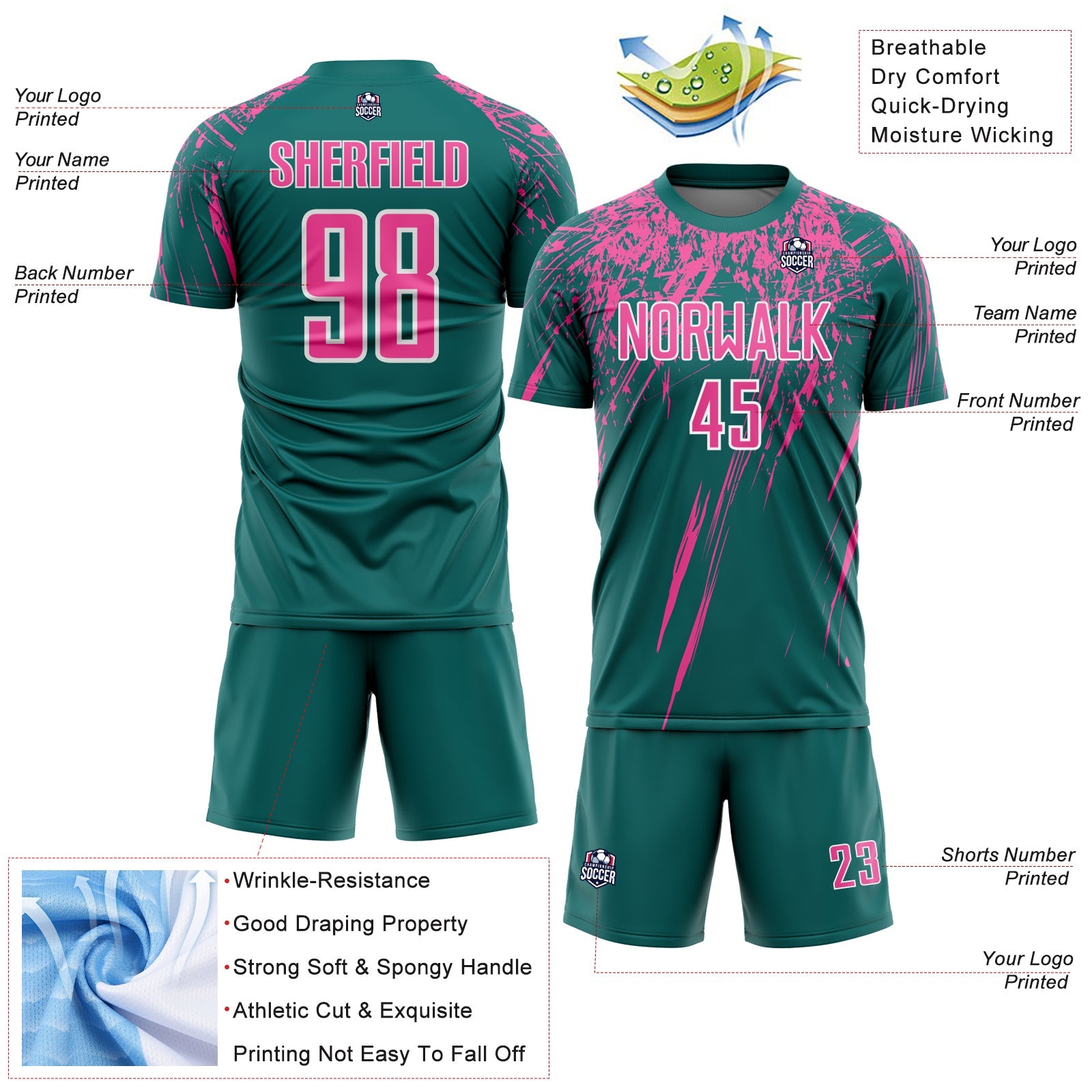 Custom Teal Pink-White Splash Sports Sublimation Soccer Uniform Jersey