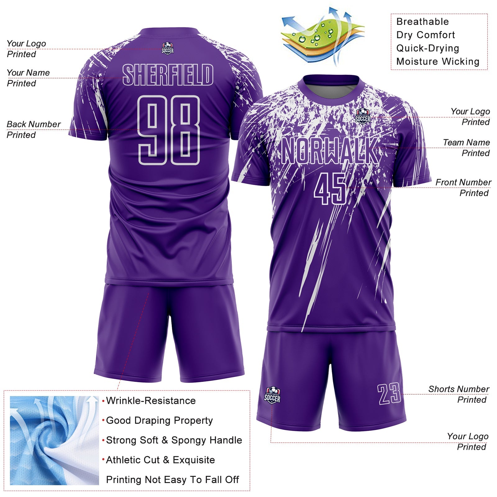 Custom Purple White Splash Sports Sublimation Soccer Uniform Jersey