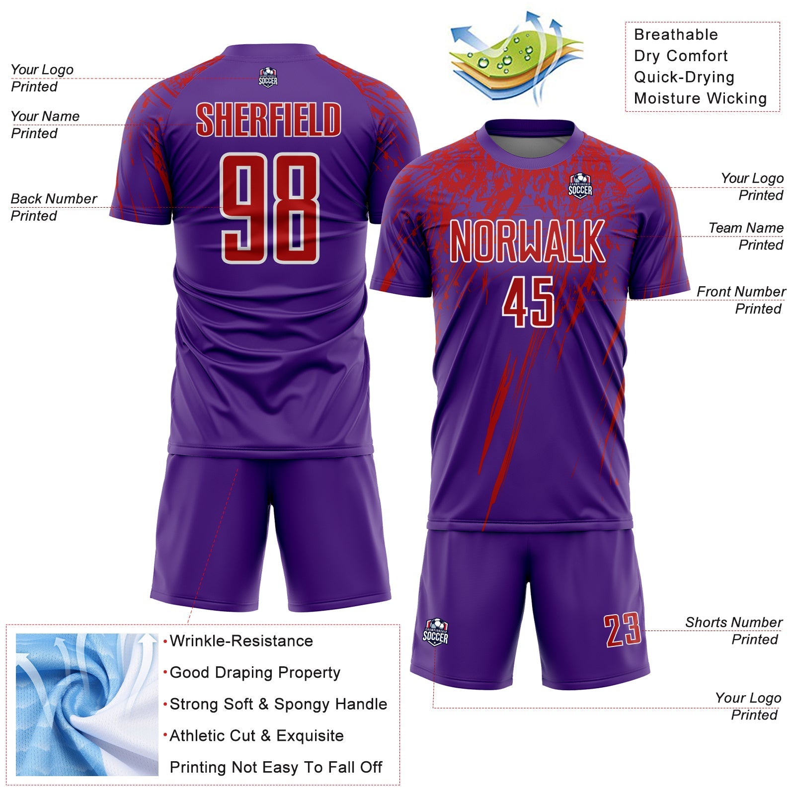 Custom Purple Red-White Splash Sports Sublimation Soccer Uniform Jersey