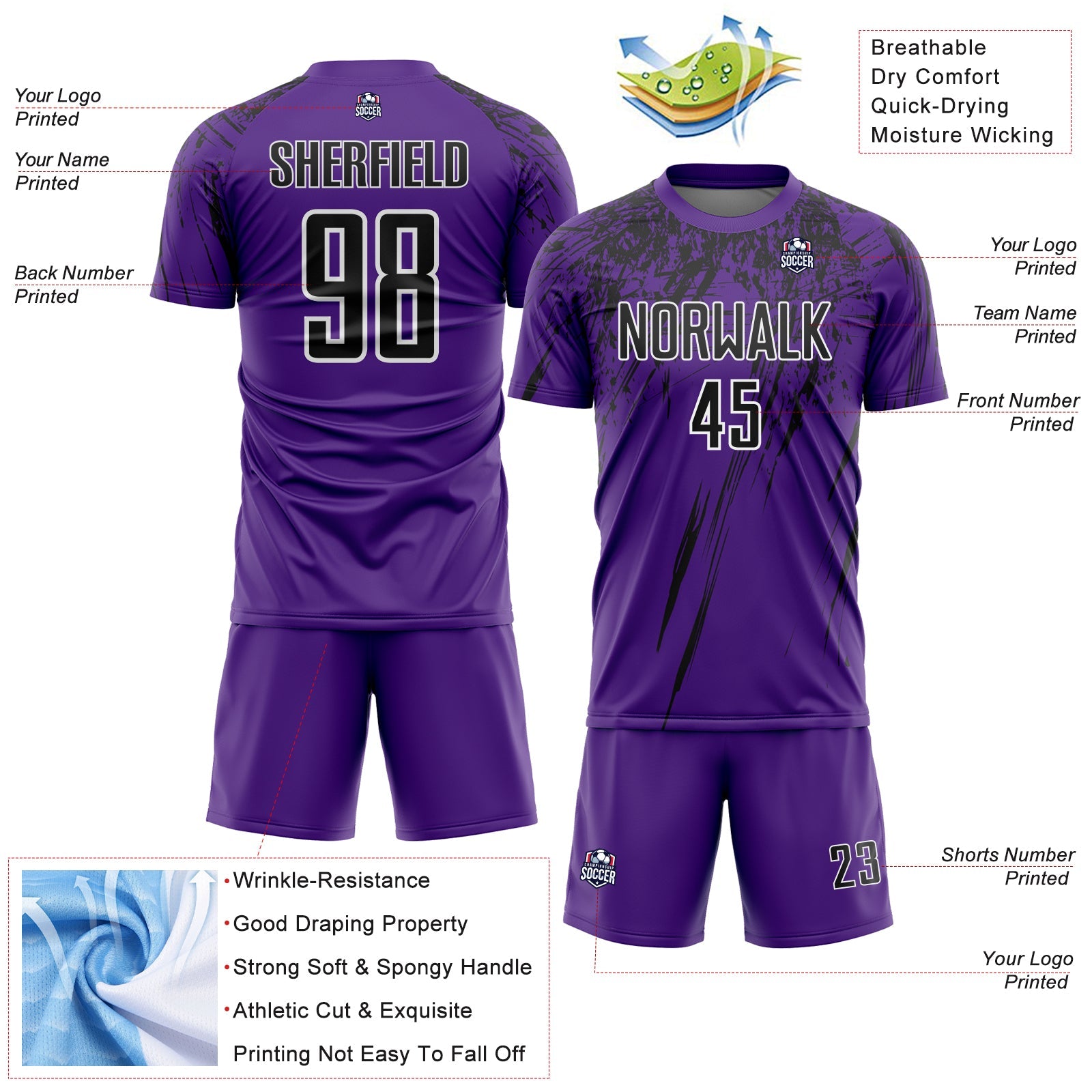 Custom Purple Black-White Splash Sports Sublimation Soccer Uniform Jersey