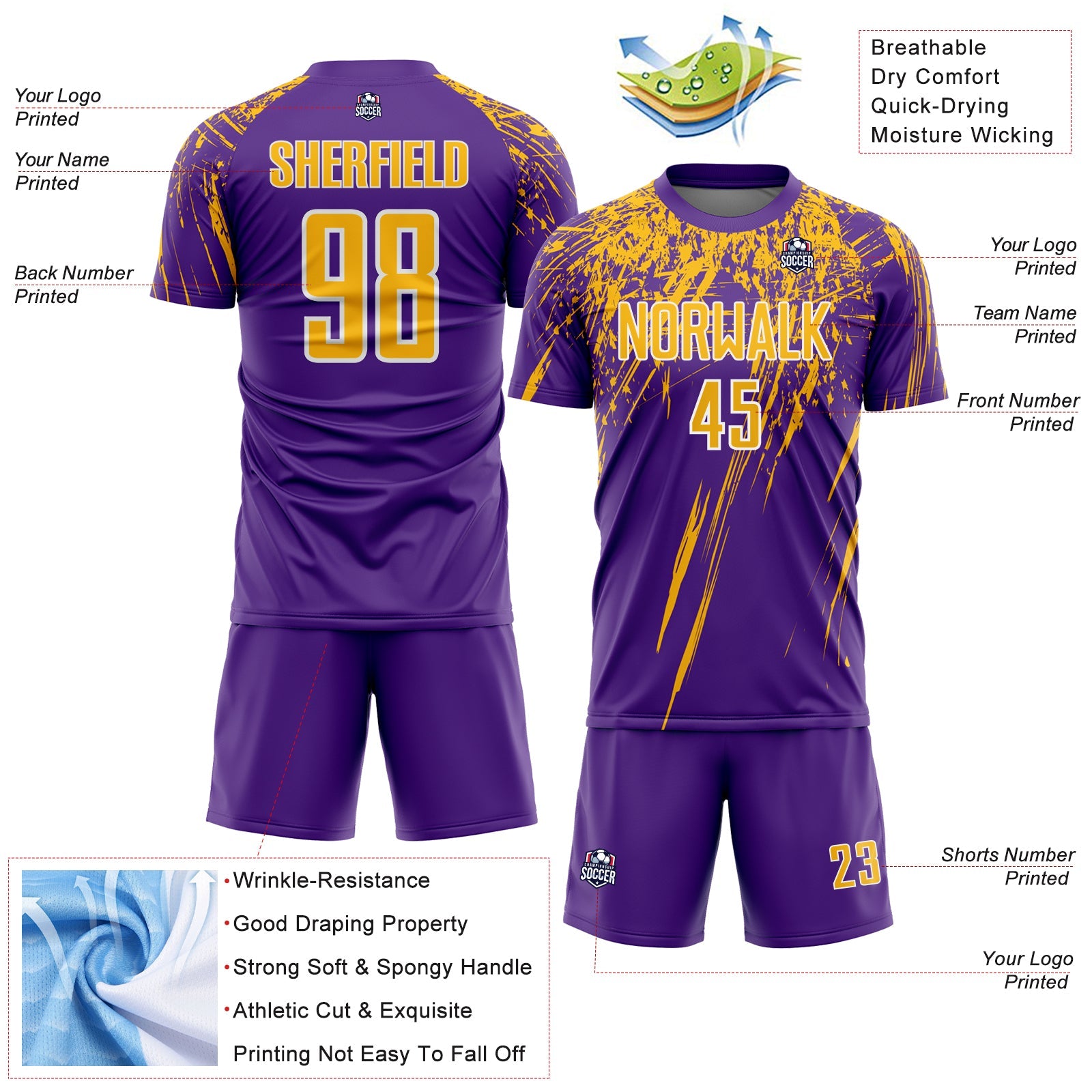 Custom Purple Gold-White Splash Sports Sublimation Soccer Uniform Jersey