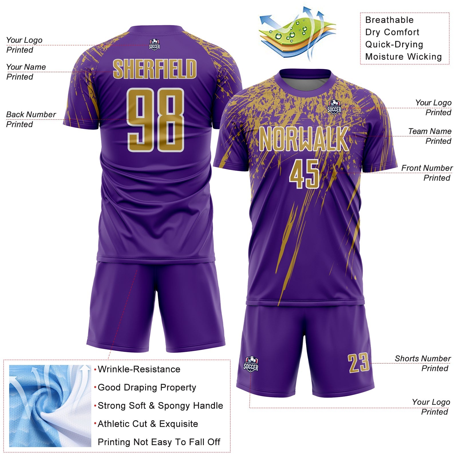 Custom Purple Old Gold-White Splash Sports Sublimation Soccer Uniform Jersey