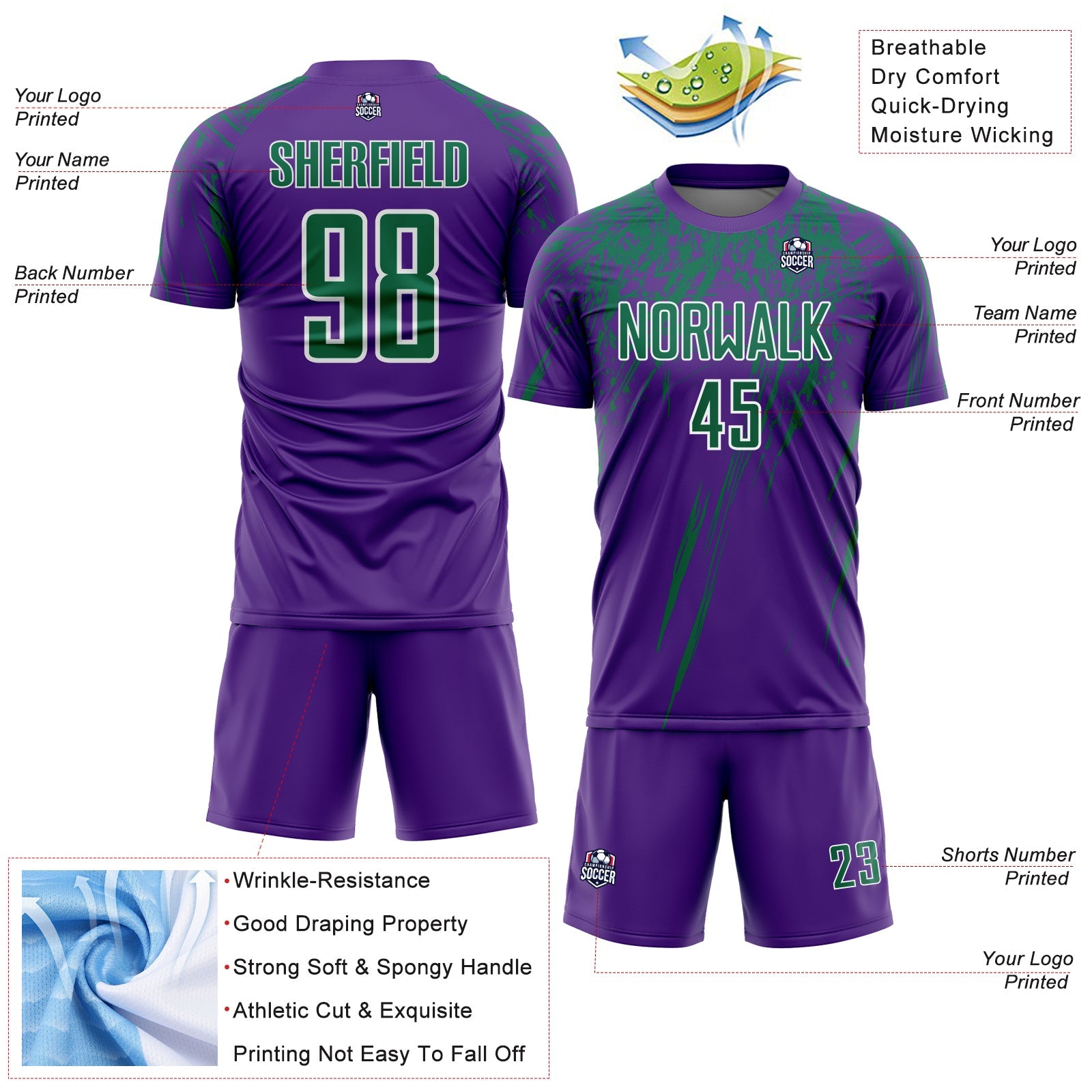 Custom Purple Kelly Green-White Splash Sports Sublimation Soccer Uniform Jersey