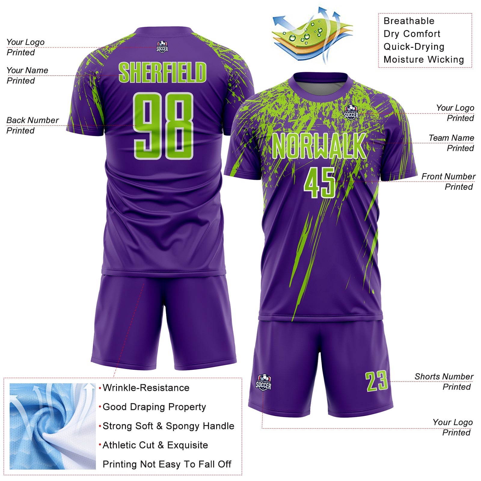 Custom Purple Neon Green-White Splash Sports Sublimation Soccer Uniform Jersey