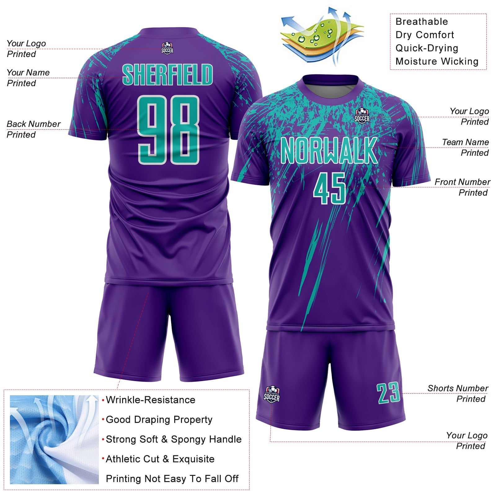 Custom Purple Aqua-White Splash Sports Sublimation Soccer Uniform Jersey