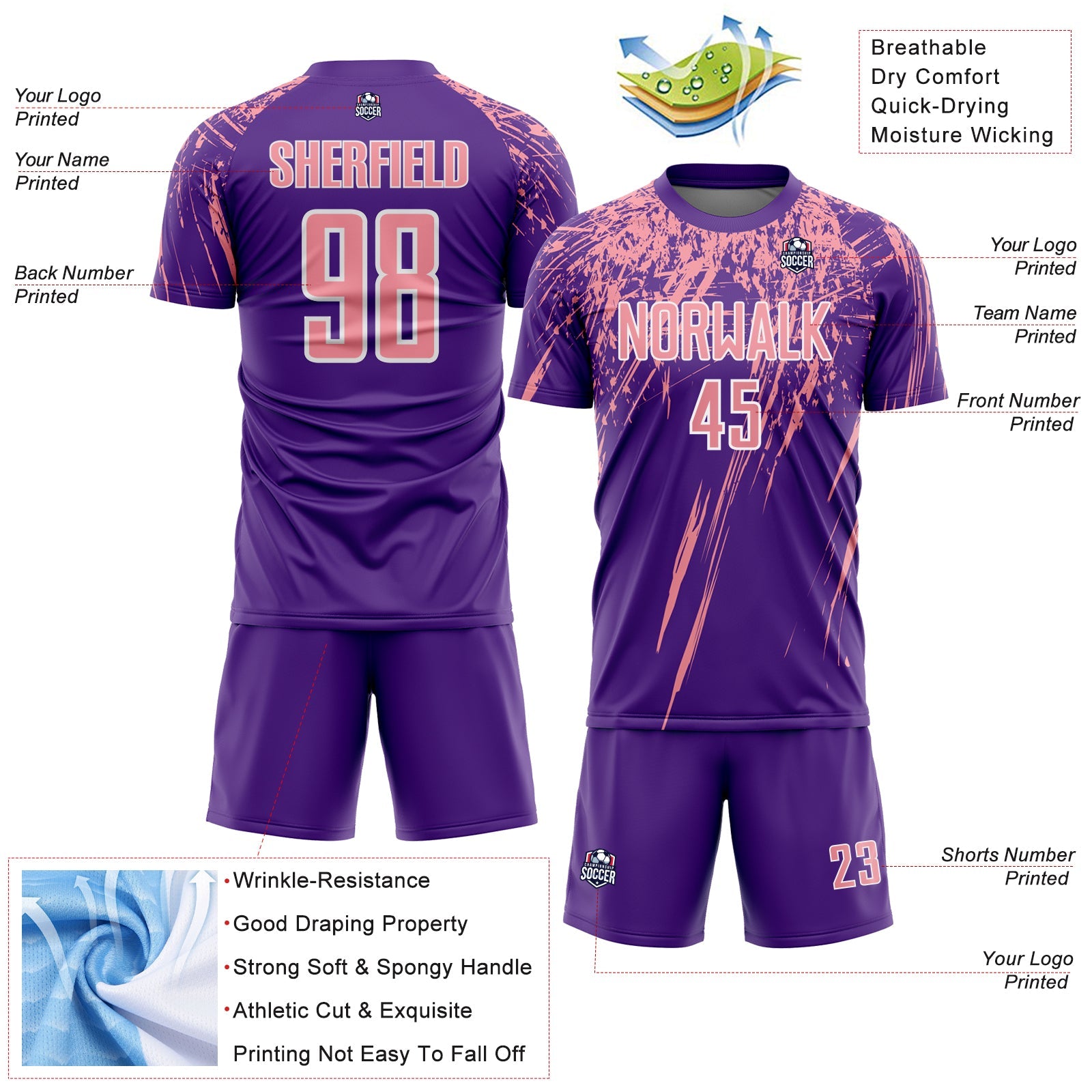 Custom Purple Medium Pink-White Splash Sports Sublimation Soccer Uniform Jersey
