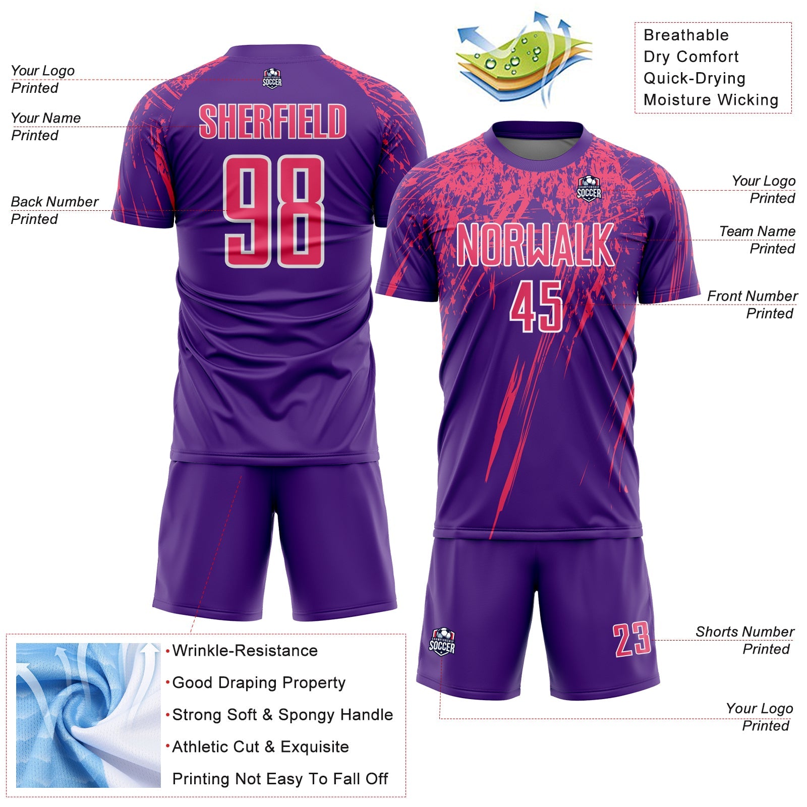 Custom Purple Neon Pink-White Splash Sports Sublimation Soccer Uniform Jersey