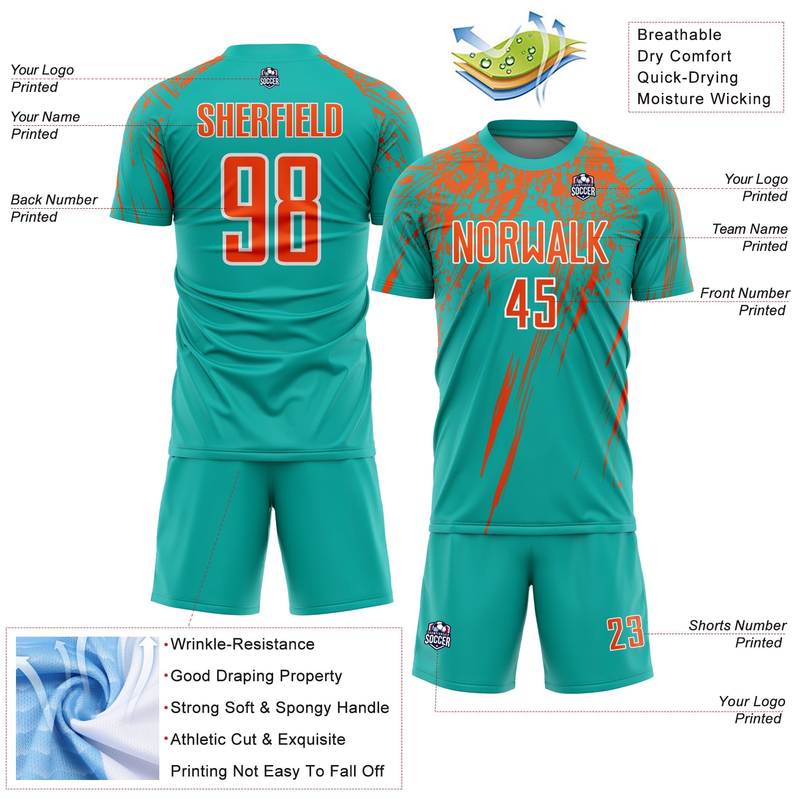 Custom Aqua Orange-White Splash Sports Sublimation Soccer Uniform Jersey