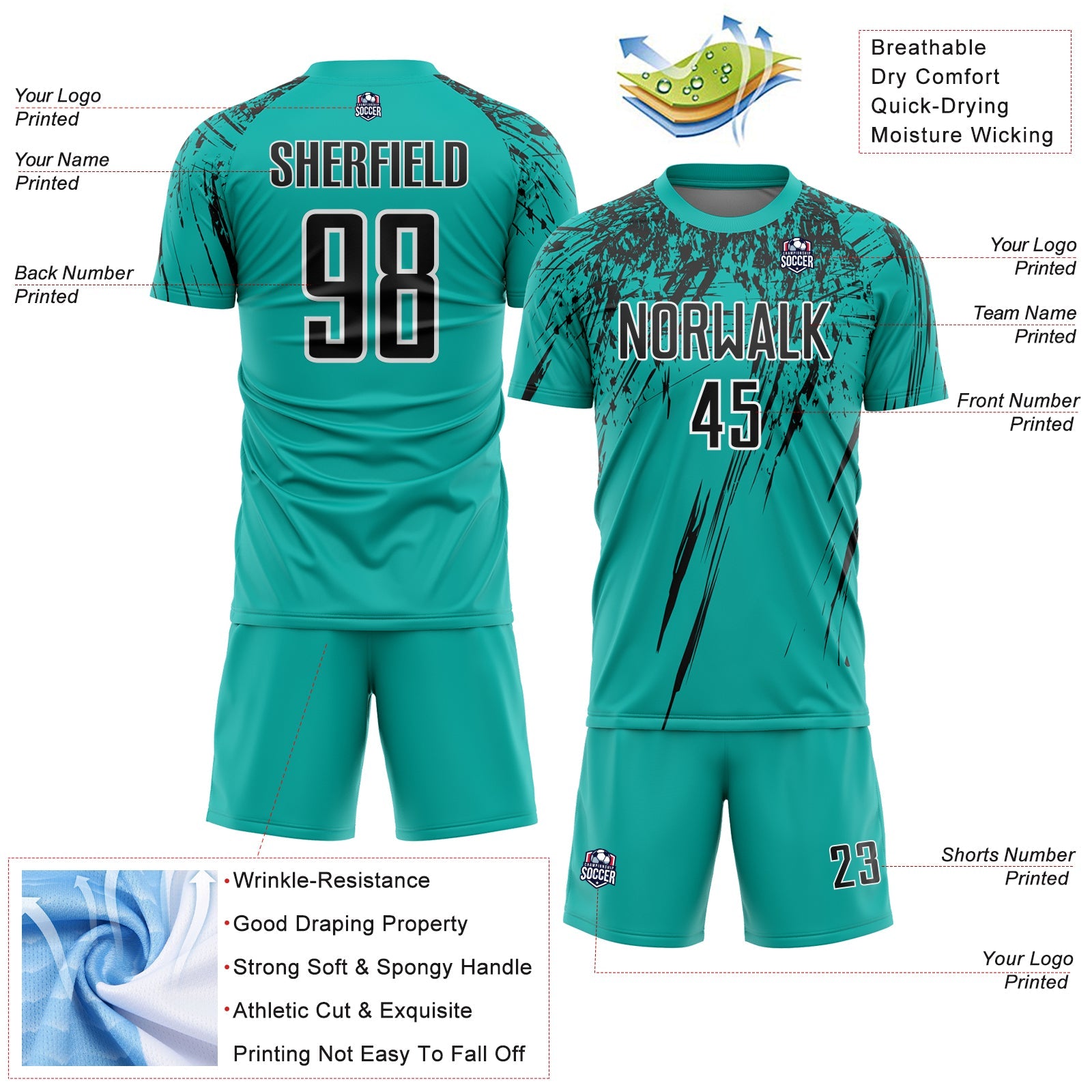 Custom Aqua Black-White Splash Sports Sublimation Soccer Uniform Jersey
