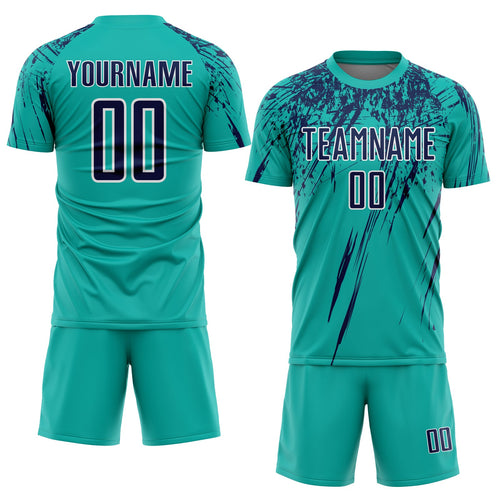 Custom Aqua Navy-White Splash Sports Sublimation Soccer Uniform Jersey