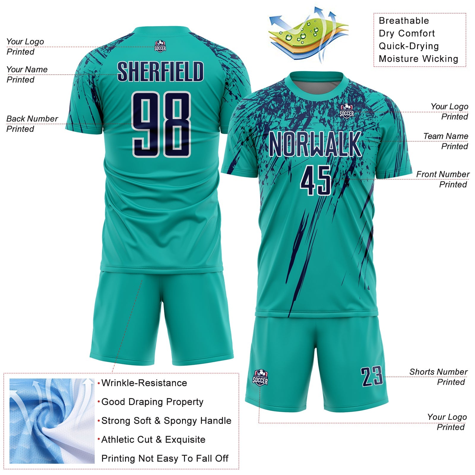 Custom Aqua Navy-White Splash Sports Sublimation Soccer Uniform Jersey