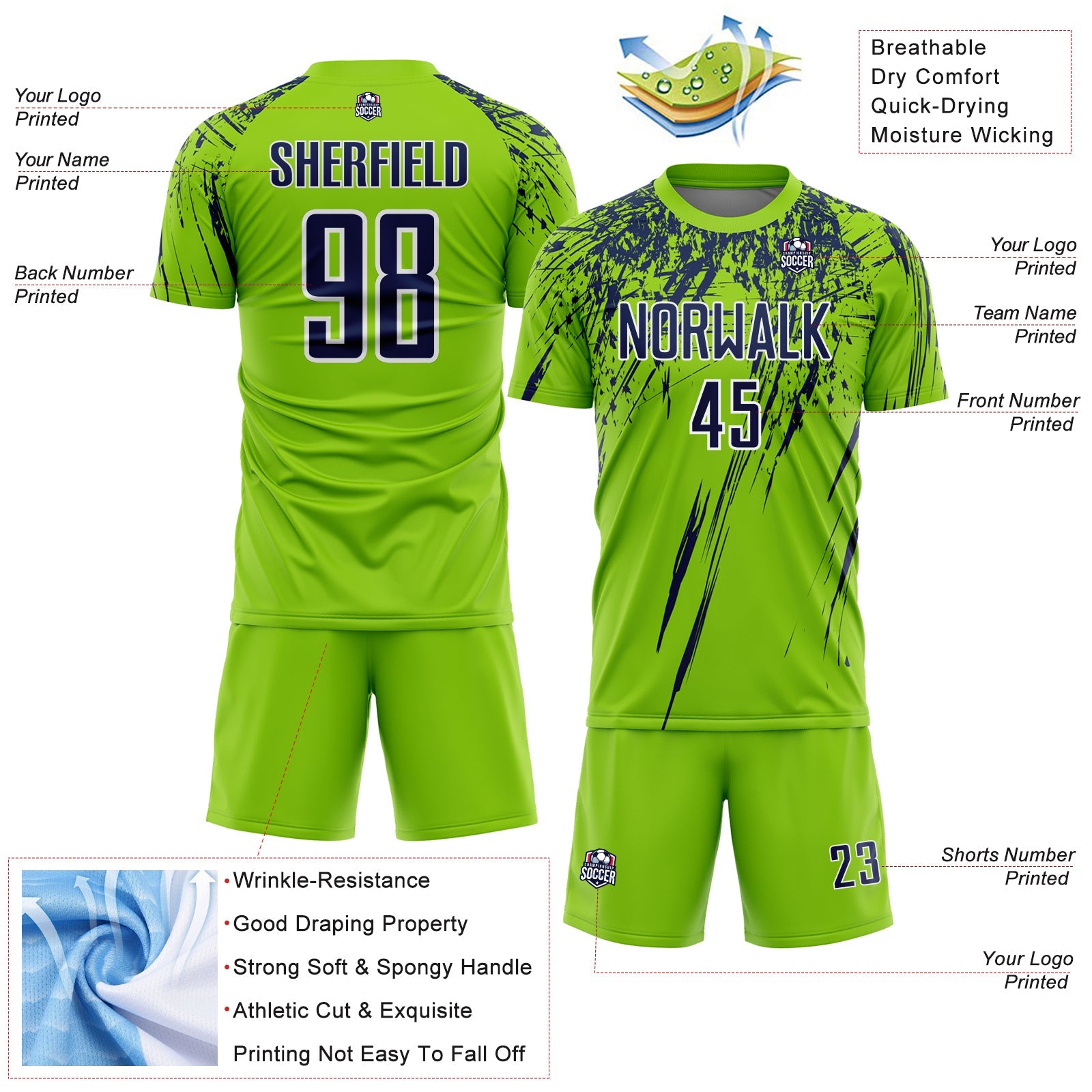 Custom Neon Green Navy-White Splash Sports Sublimation Soccer Uniform Jersey