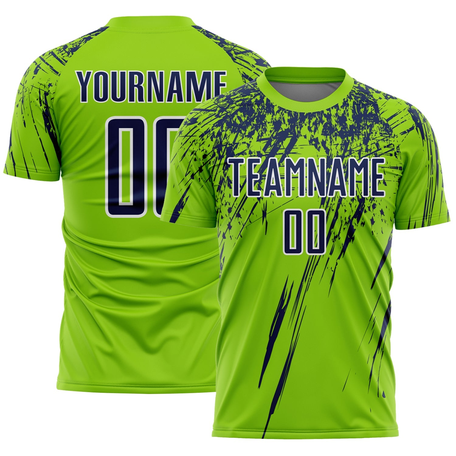 Custom Neon Green Navy-White Splash Sports Sublimation Soccer Uniform Jersey