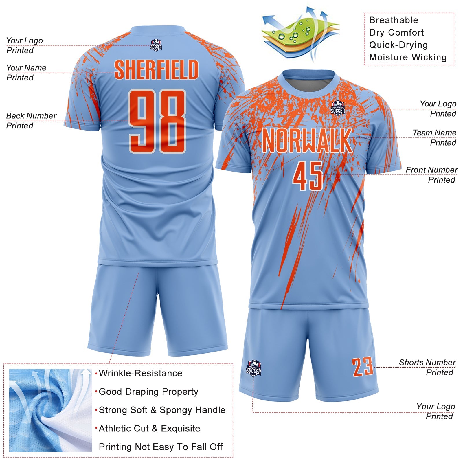 Custom Light Blue Orange-White Splash Sports Sublimation Soccer Uniform Jersey