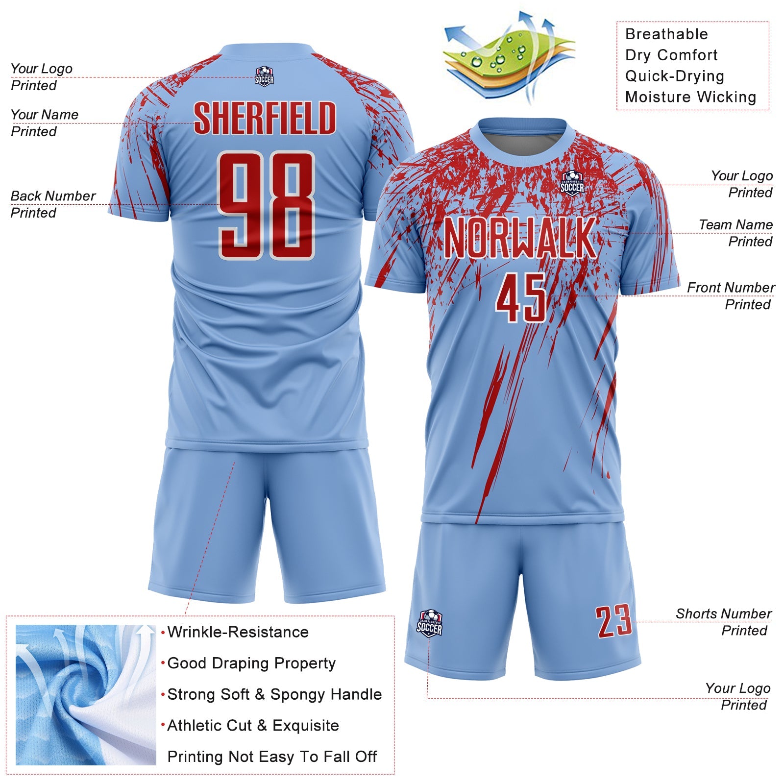 Custom Light Blue Red-White Splash Sports Sublimation Soccer Uniform Jersey