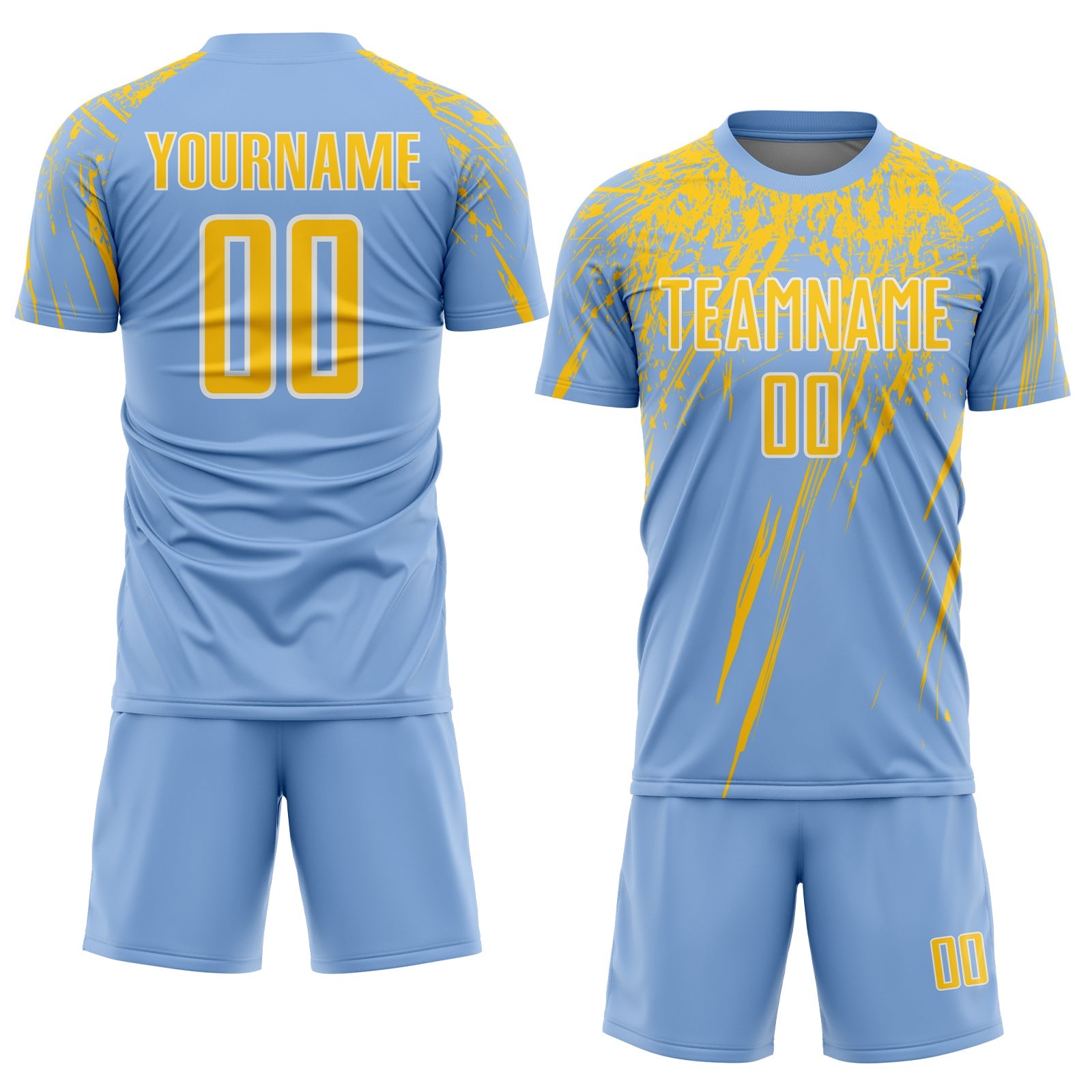 Custom Light Blue Yellow-White Splash Sports Sublimation Soccer Uniform Jersey