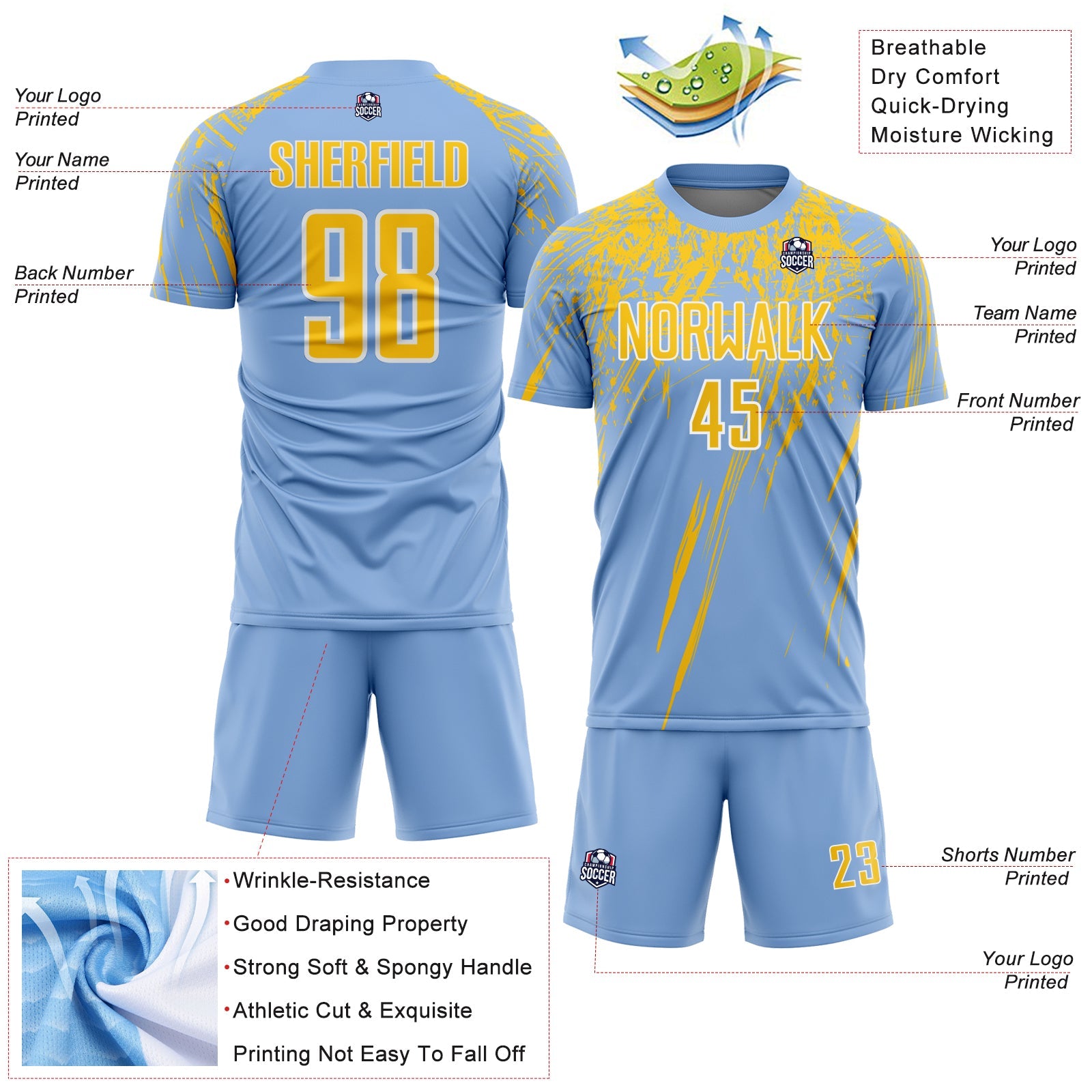 Custom Light Blue Yellow-White Splash Sports Sublimation Soccer Uniform Jersey