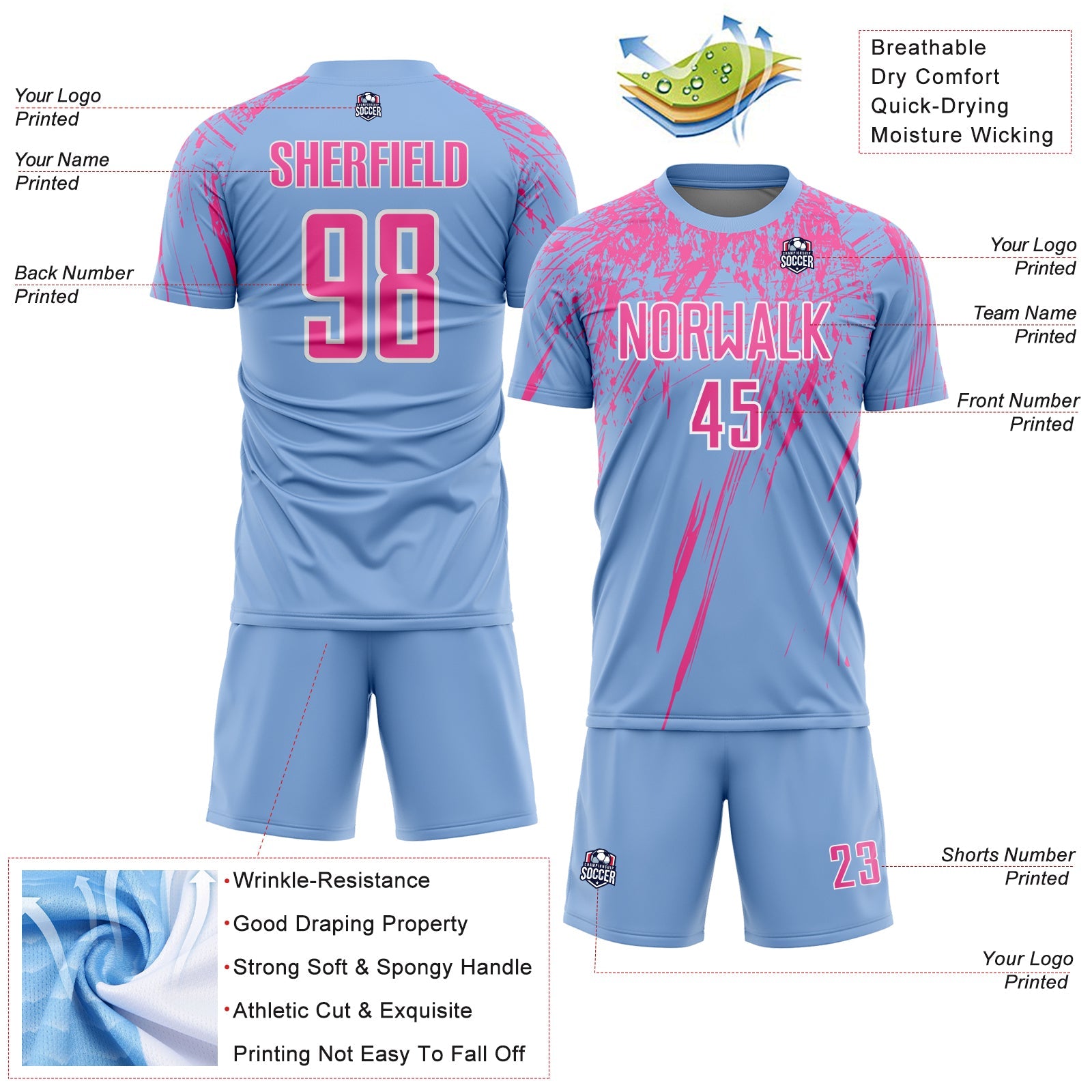 Custom Light Blue Pink-White Splash Sports Sublimation Soccer Uniform Jersey