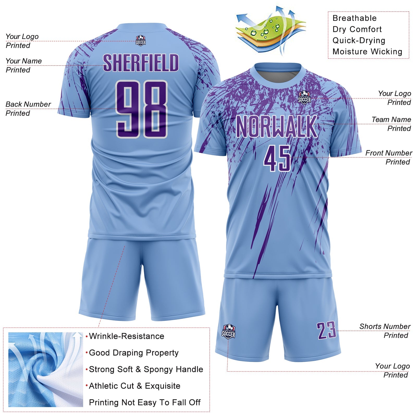 Custom Light Blue Purple-White Splash Sports Sublimation Soccer Uniform Jersey