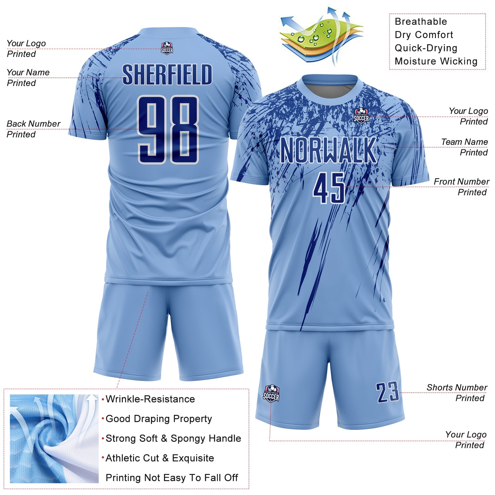 Custom Light Blue Royal-White Splash Sports Sublimation Soccer Uniform Jersey
