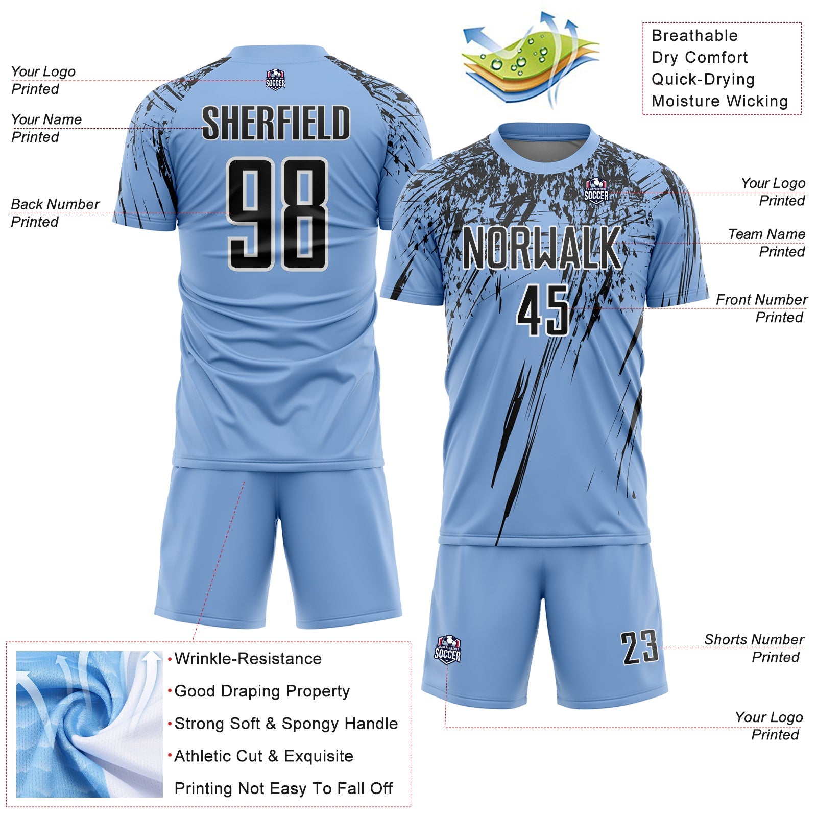 Custom Light Blue Black-White Splash Sports Sublimation Soccer Uniform Jersey