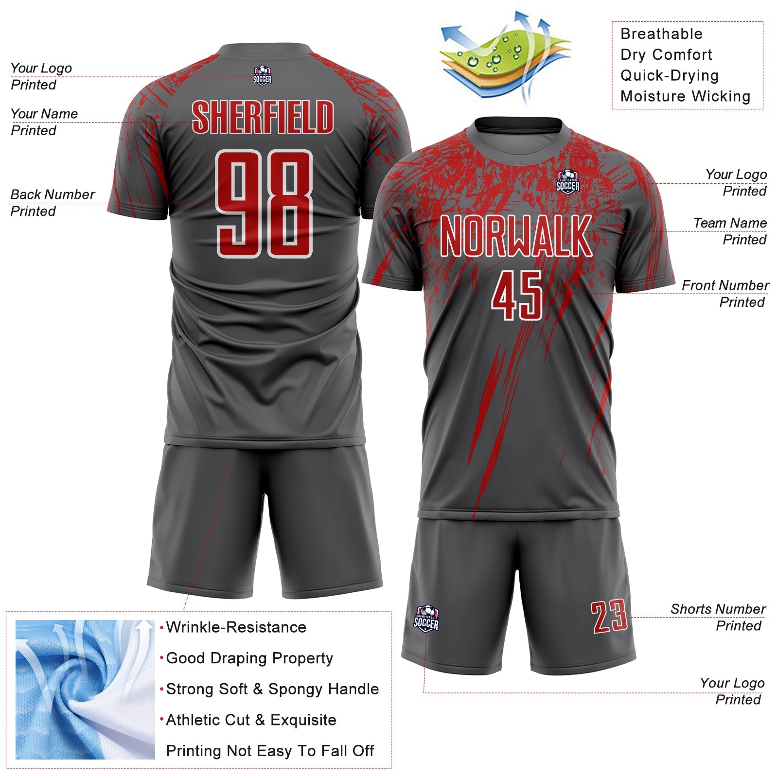 Custom Steel Gray Red-White Splash Sports Sublimation Soccer Uniform Jersey
