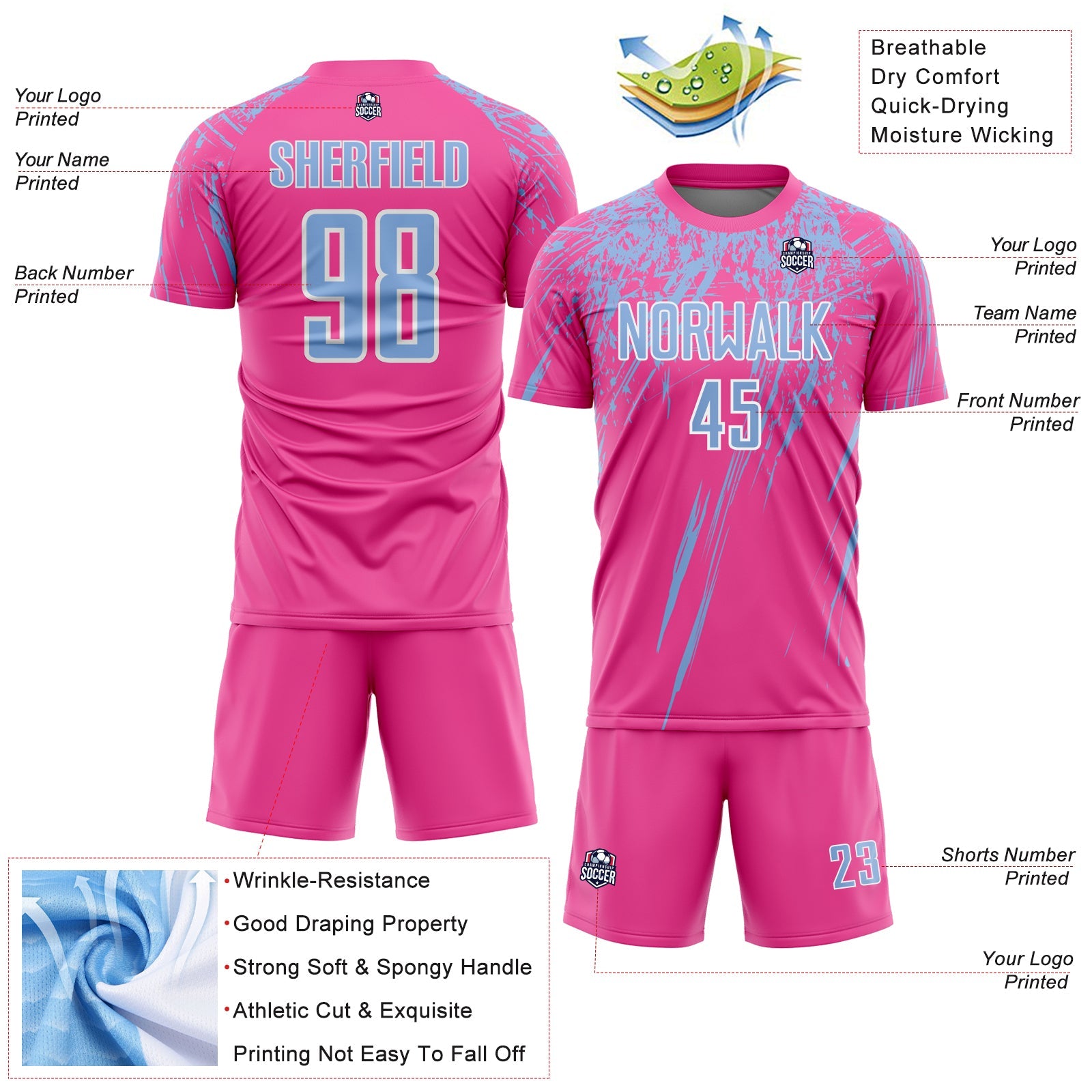 Custom Pink Light Blue-White Splash Sports Sublimation Soccer Uniform Jersey