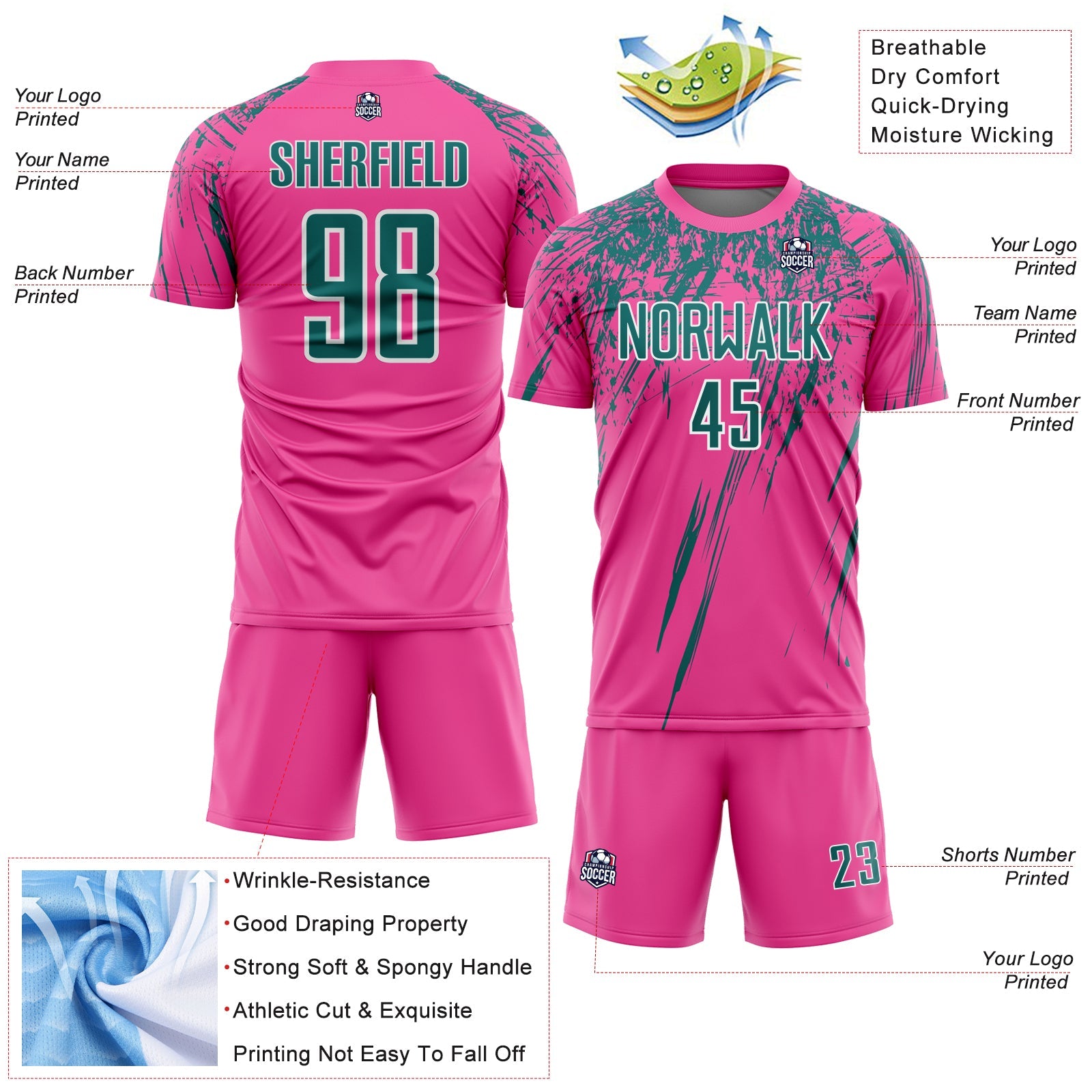 Custom Pink Teal-White Splash Sports Sublimation Soccer Uniform Jersey
