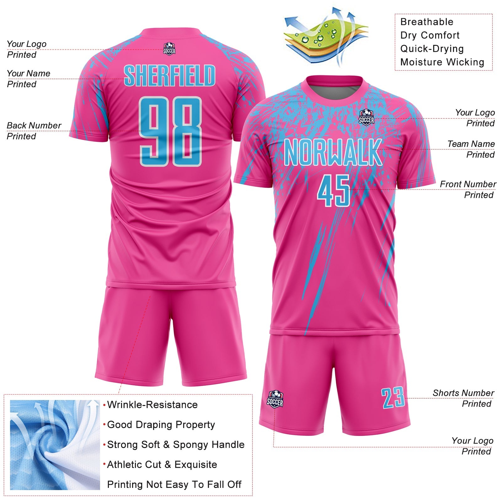 Custom Pink Sky Blue-White Splash Sports Sublimation Soccer Uniform Jersey