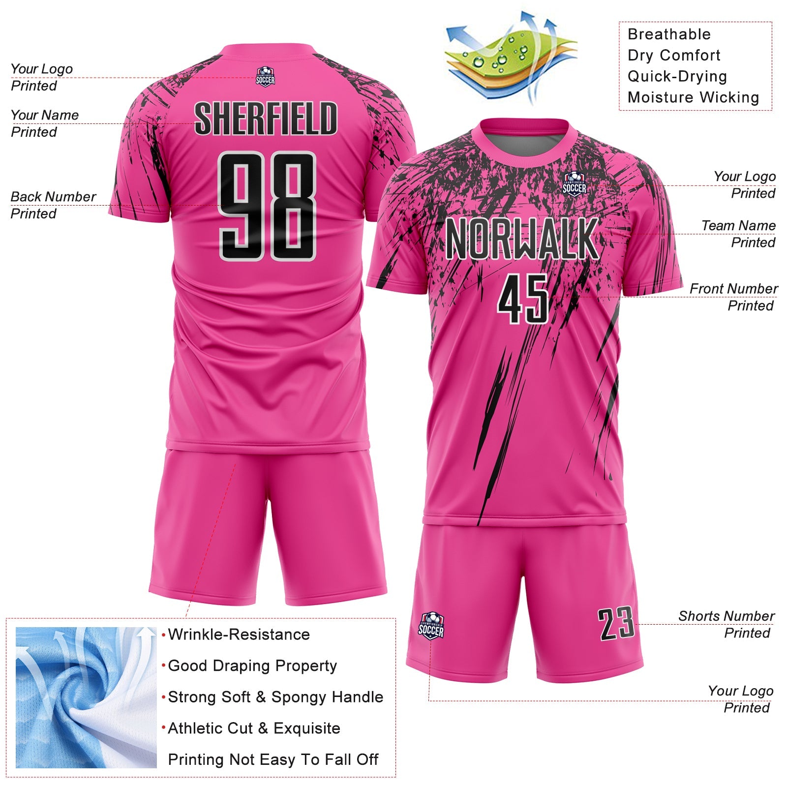 Custom Pink Black-White Splash Sports Sublimation Soccer Uniform Jersey