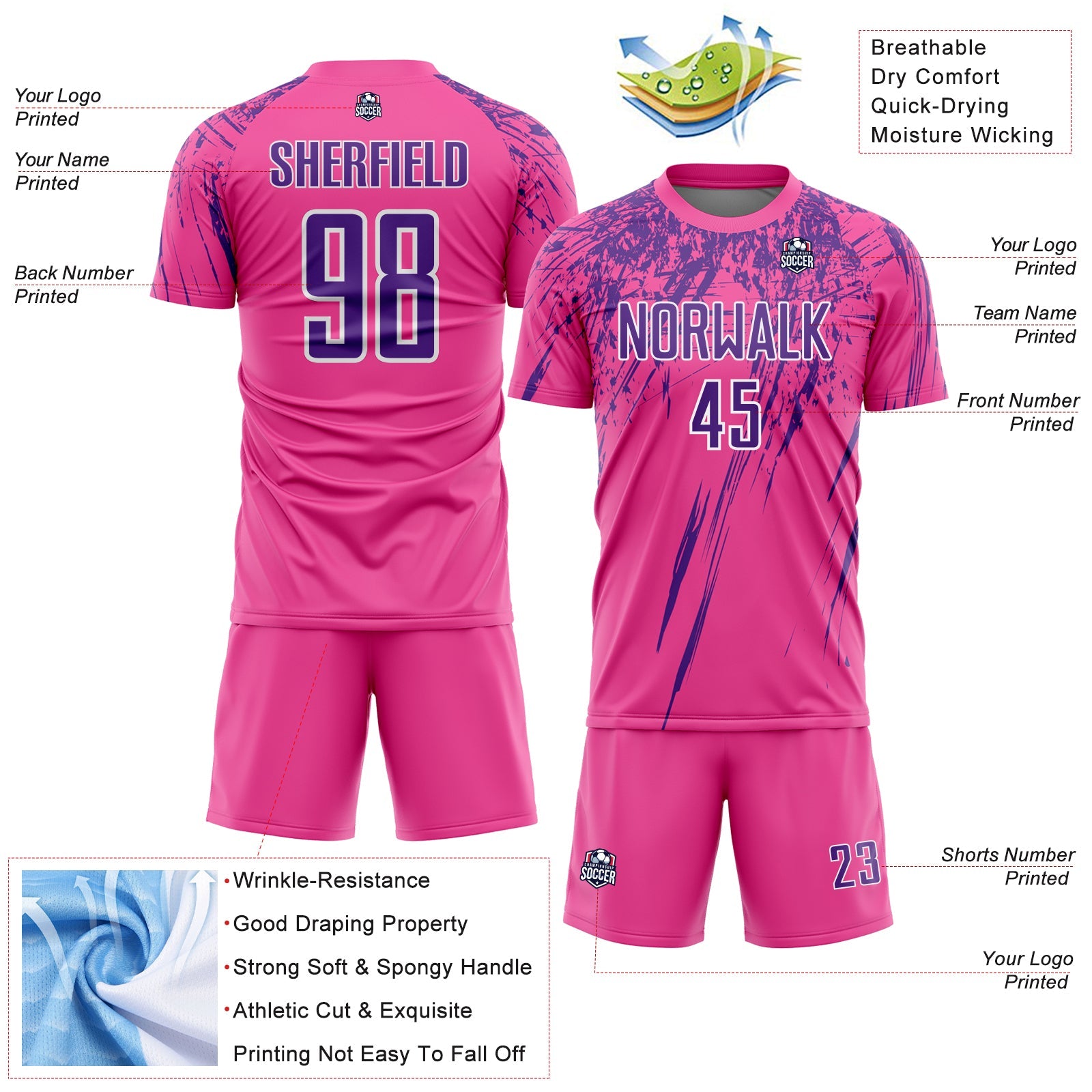 Custom Pink Purple-White Splash Sports Sublimation Soccer Uniform Jersey