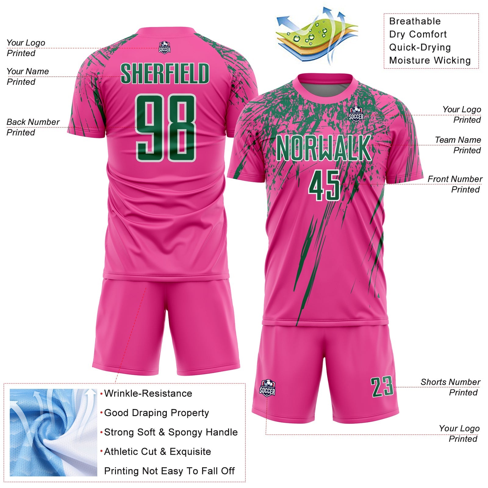 Custom Pink Kelly Green-White Splash Sports Sublimation Soccer Uniform Jersey