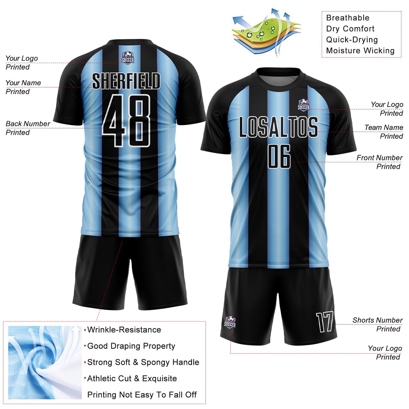 Custom Black Light Blue-White Argentina Stripes Sports Sublimation Soccer Uniform Jersey