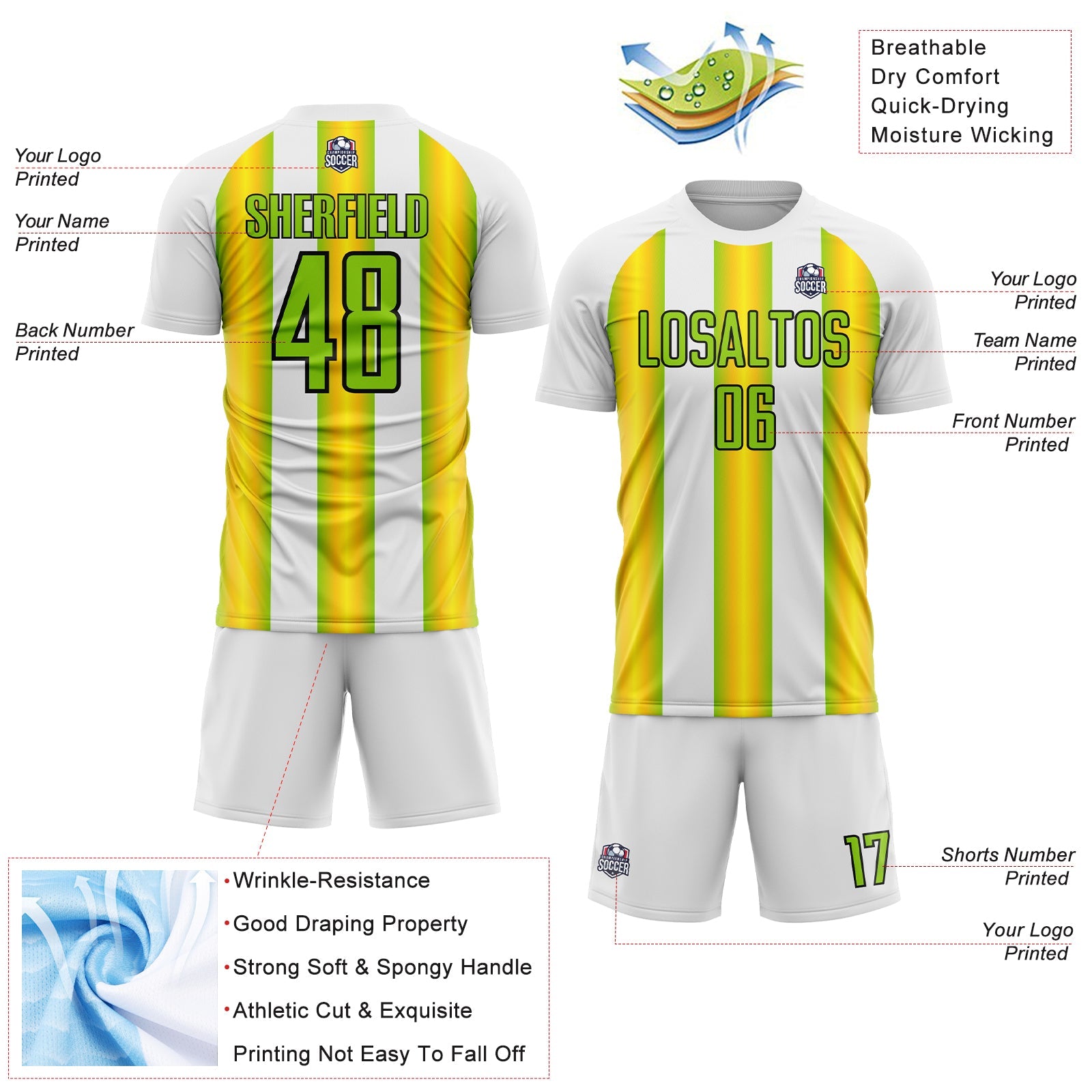 Custom White Neon Green Yellow-Black Stripes Sports Sublimation Soccer Uniform Jersey