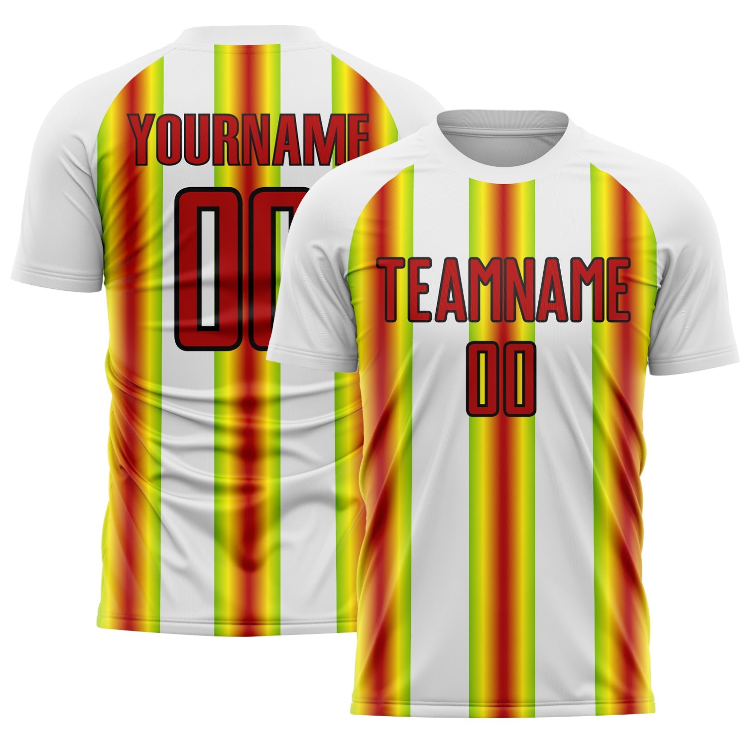 Custom White Red Green Yellow-Black Stripes Sports Sublimation Soccer Uniform Jersey
